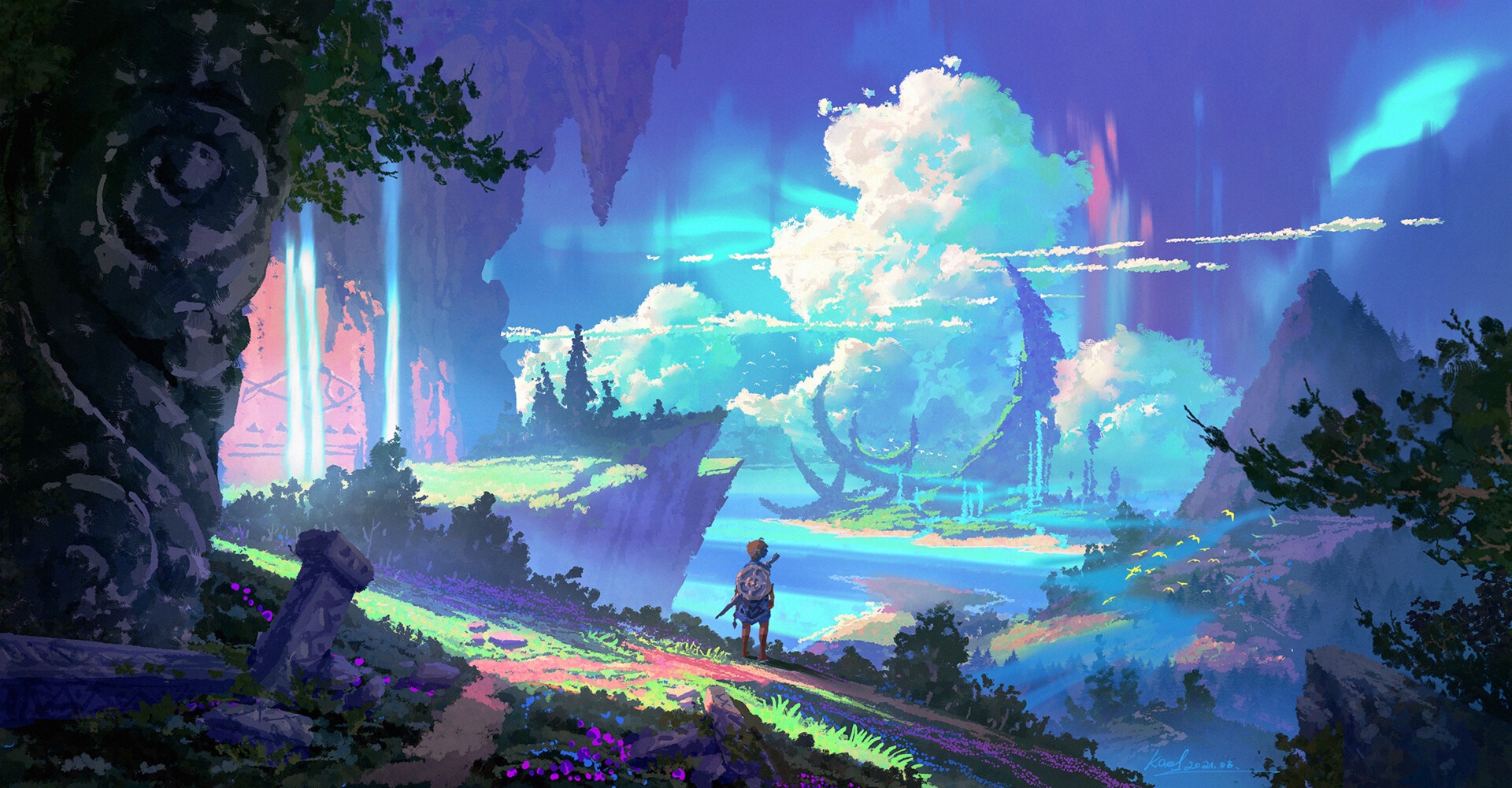 Link in a fantasy landscape with aurora HD Wallpaper