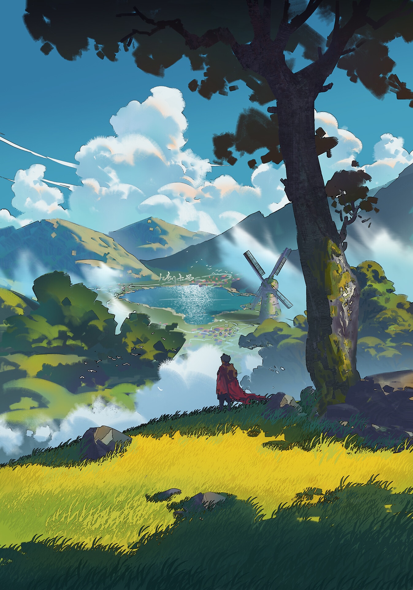Person in red cape overlooking a valley with a windmill HD Phone Wallpaper