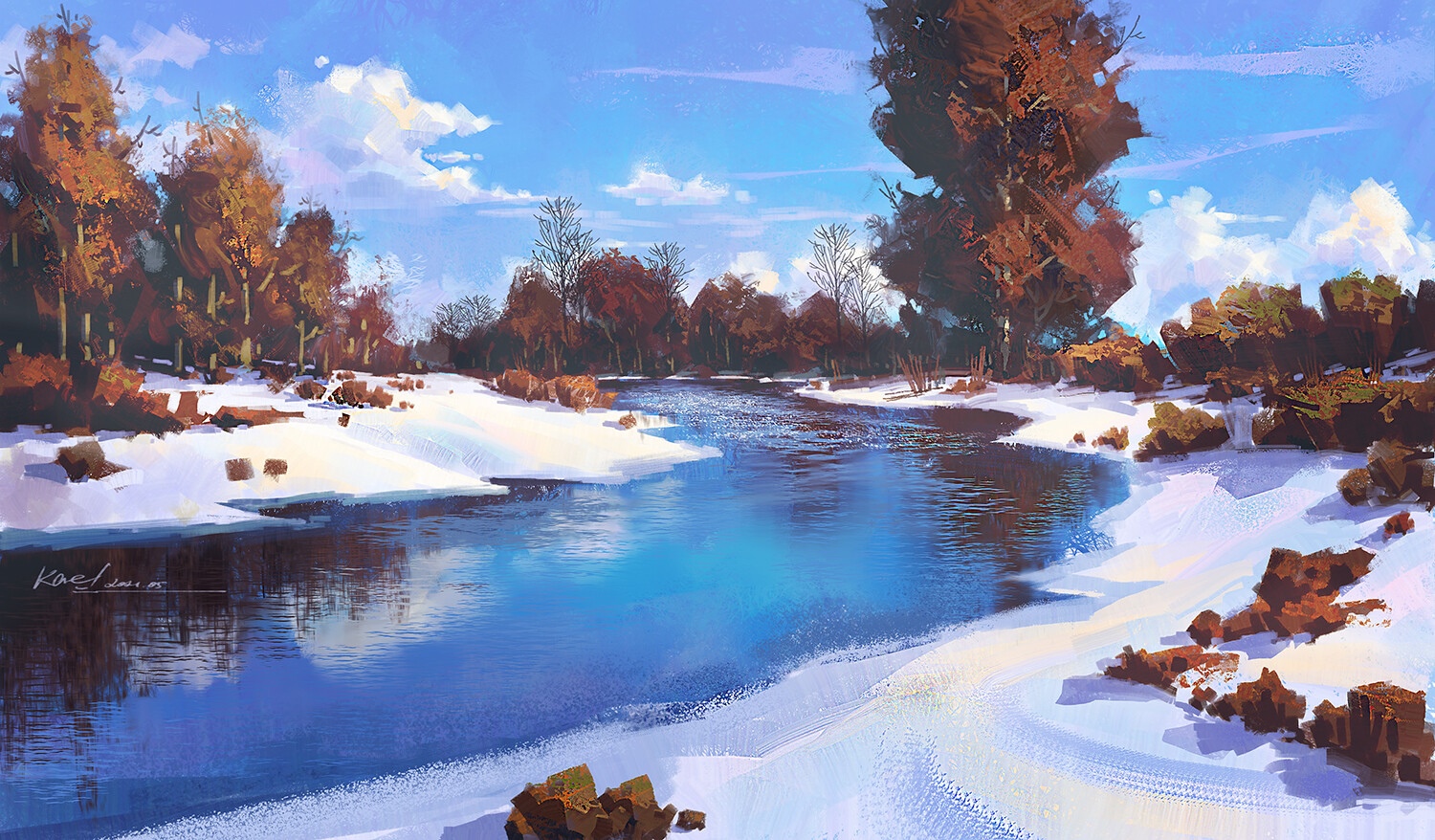 A winter river scene with snow-covered banks and trees HD Wallpaper