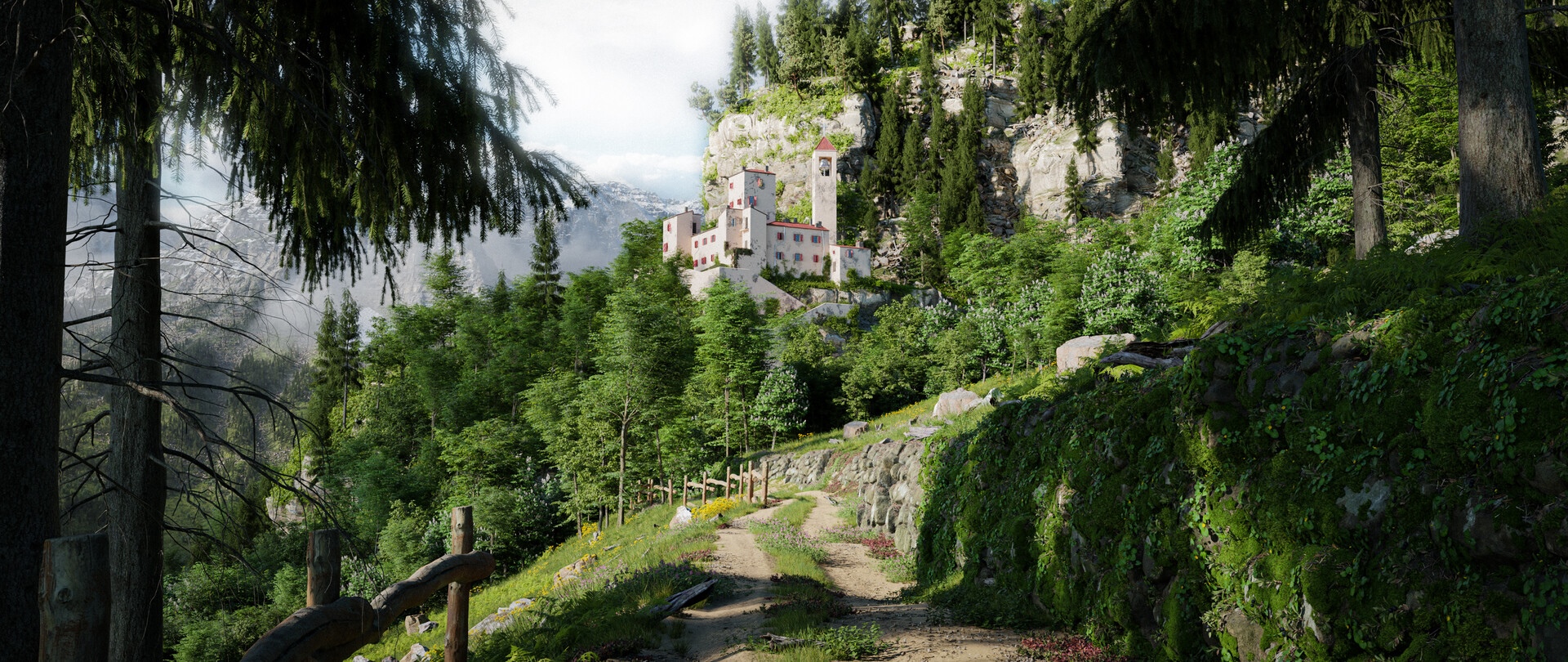 Castle on a cliffside with a dirt road HD Wallpaper