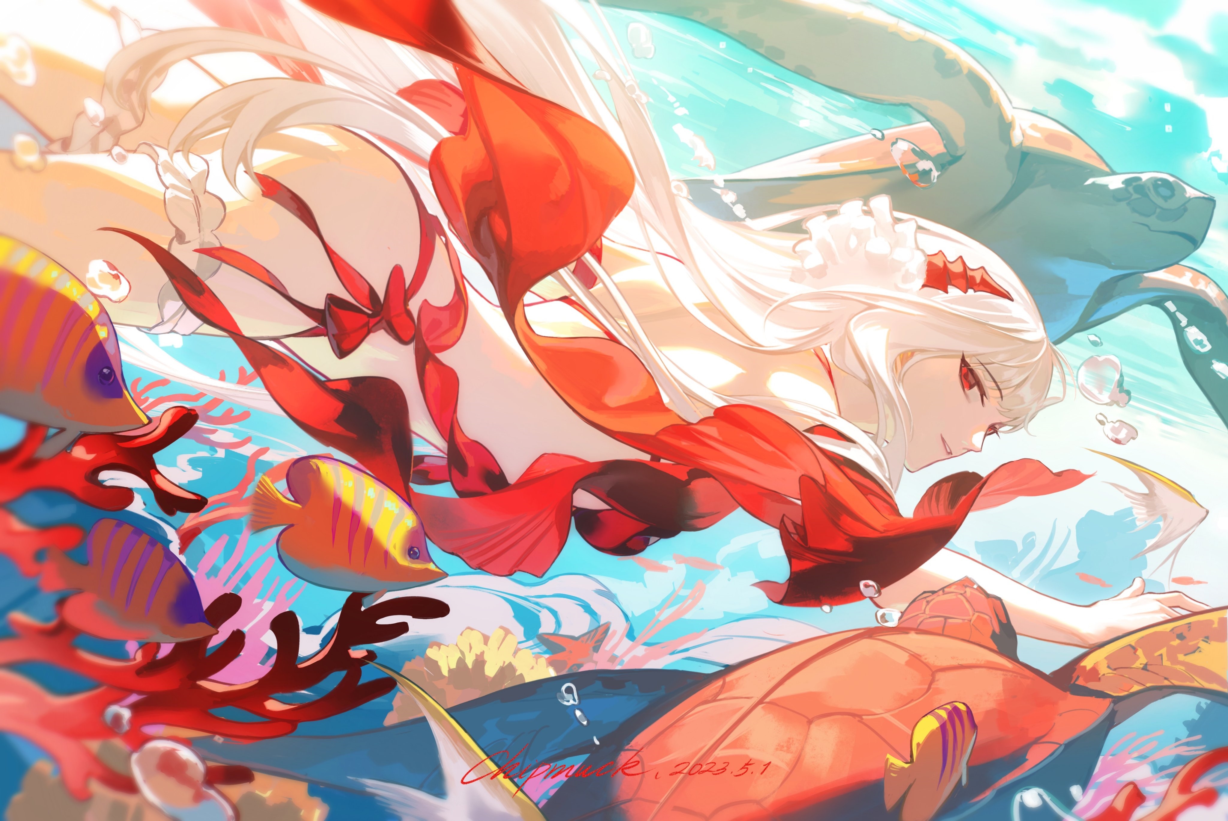 Anime girl in red dress swimming with turtles and fish HD Wallpaper