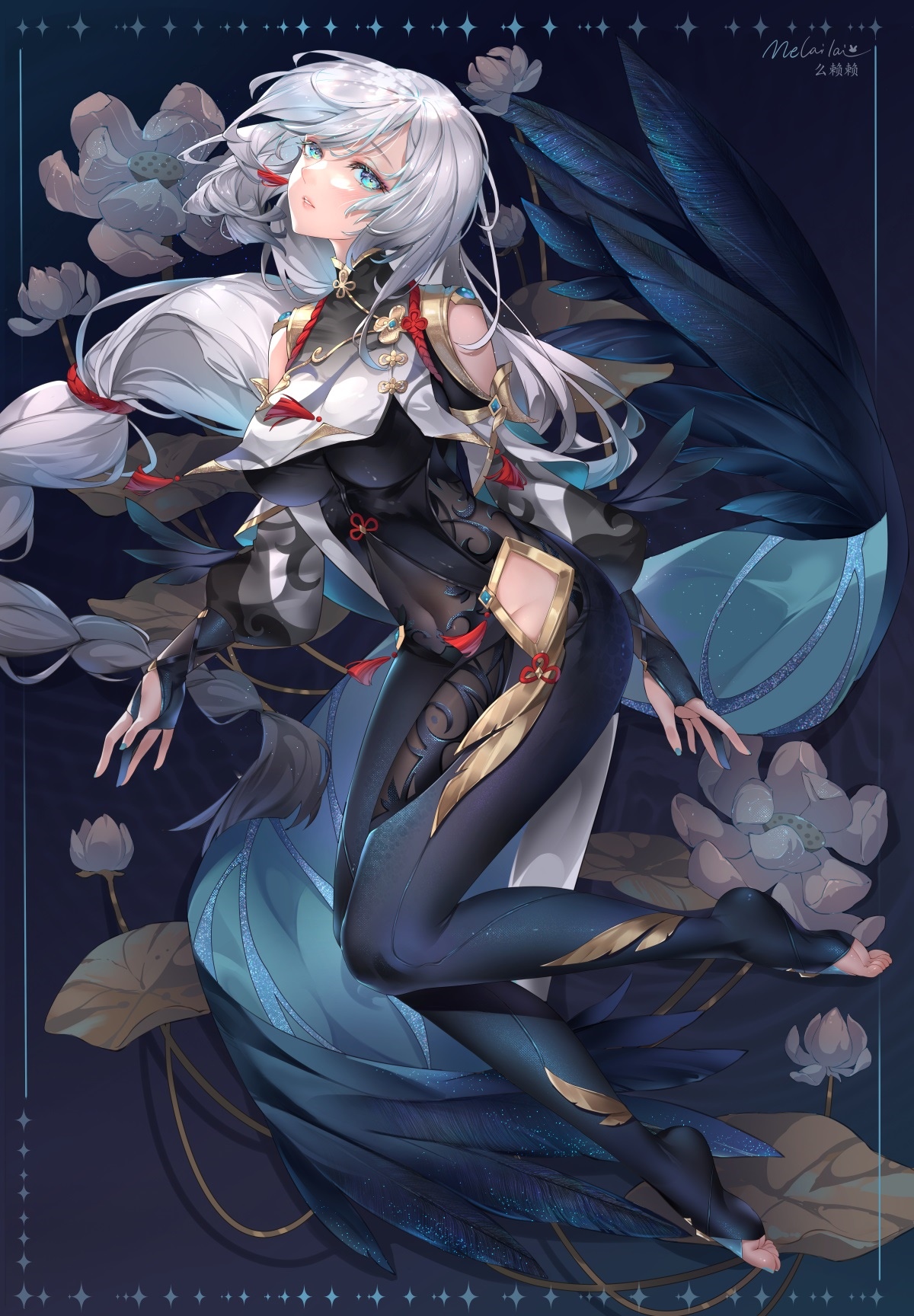 Shenhe from Genshin Impact with blue feathers and lotus flowers HD Phone Wallpaper