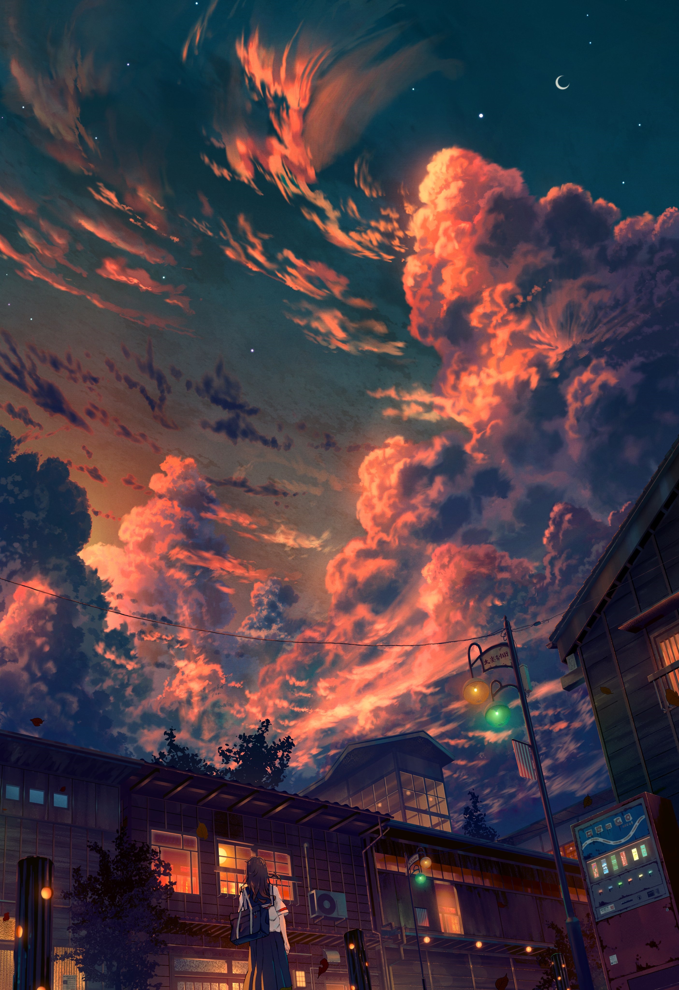 Anime girl in school uniform under a sunset sky HD Phone Wallpaper