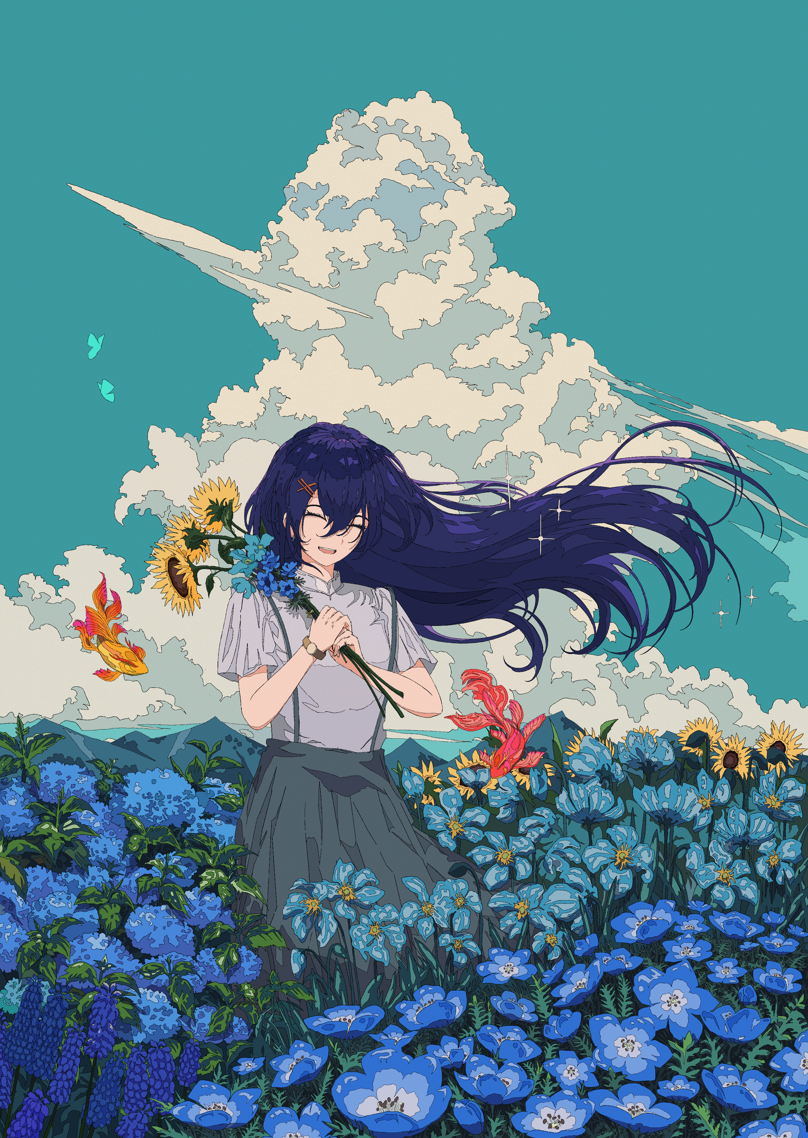 Girl in a flower field with sunflowers and koi fish HD Phone Wallpaper