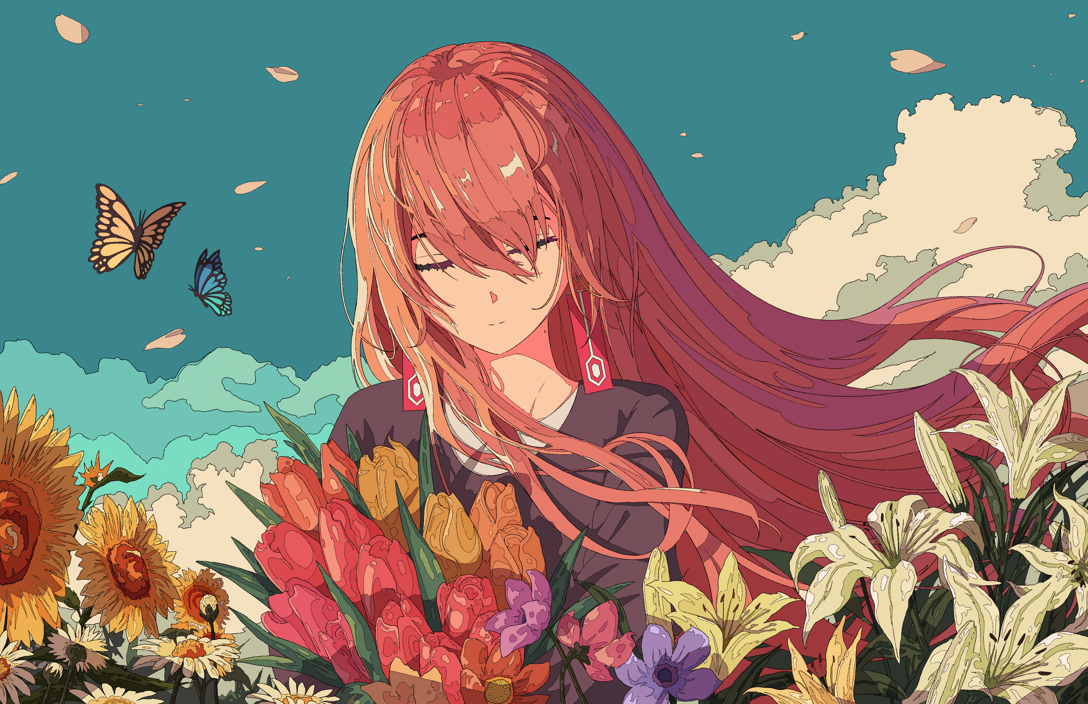 Girl with long hair holding flowers with butterflies and clouds HD Wallpaper