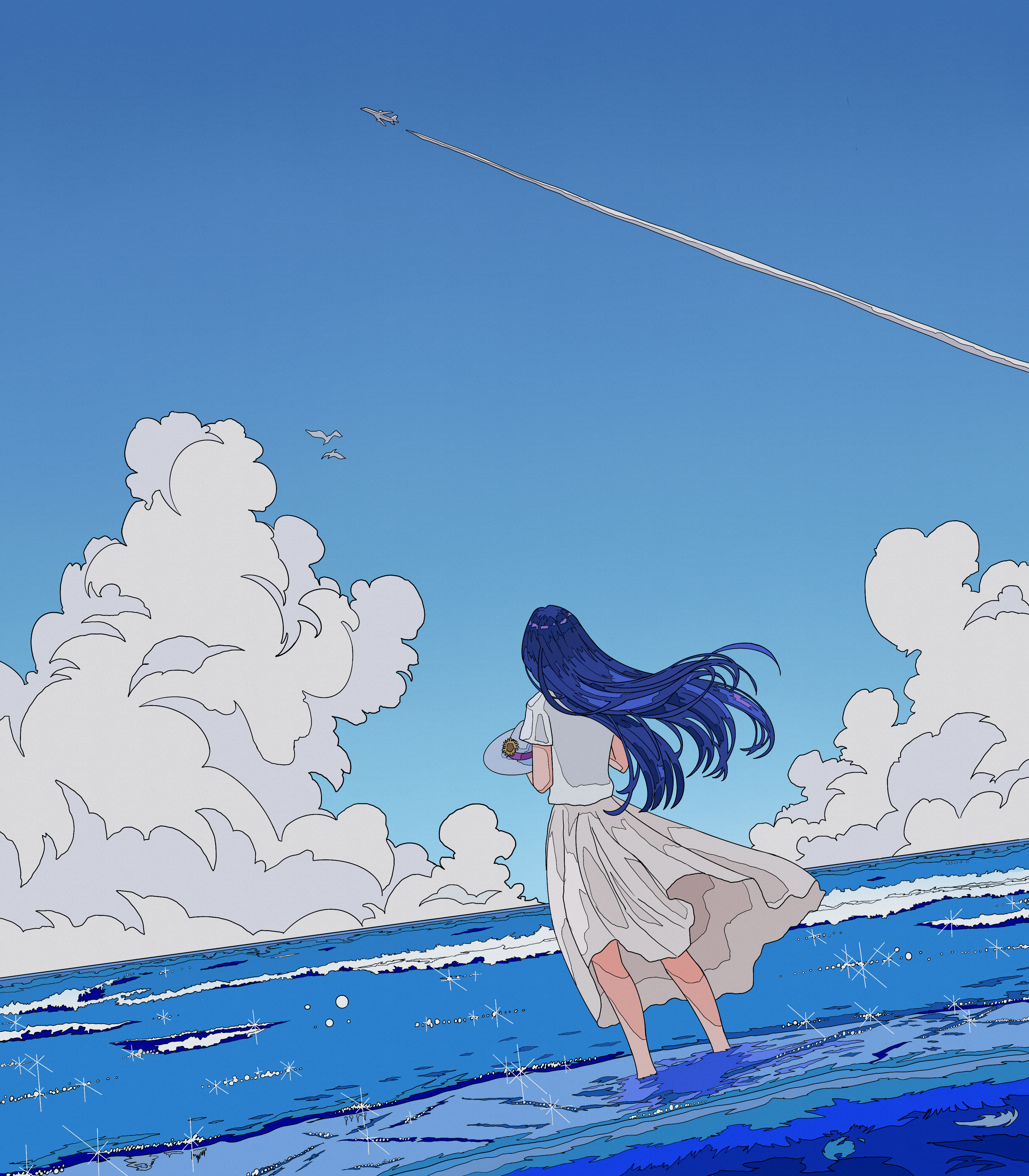 Woman with blue hair on the sea shore watching an airplane HD Phone Wallpaper
