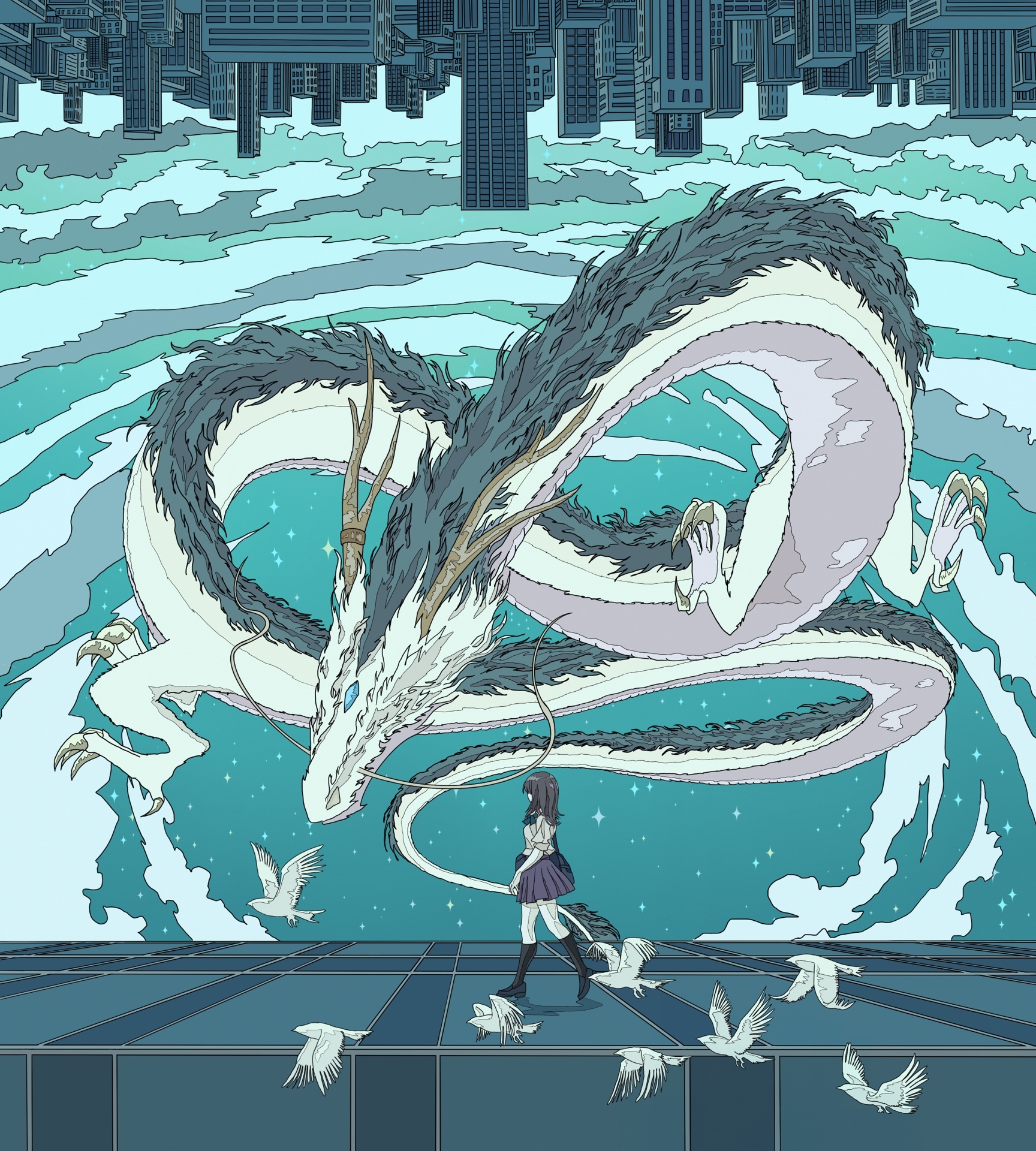 Girl and Dragon in a Surreal Cityscape HD Wallpaper
