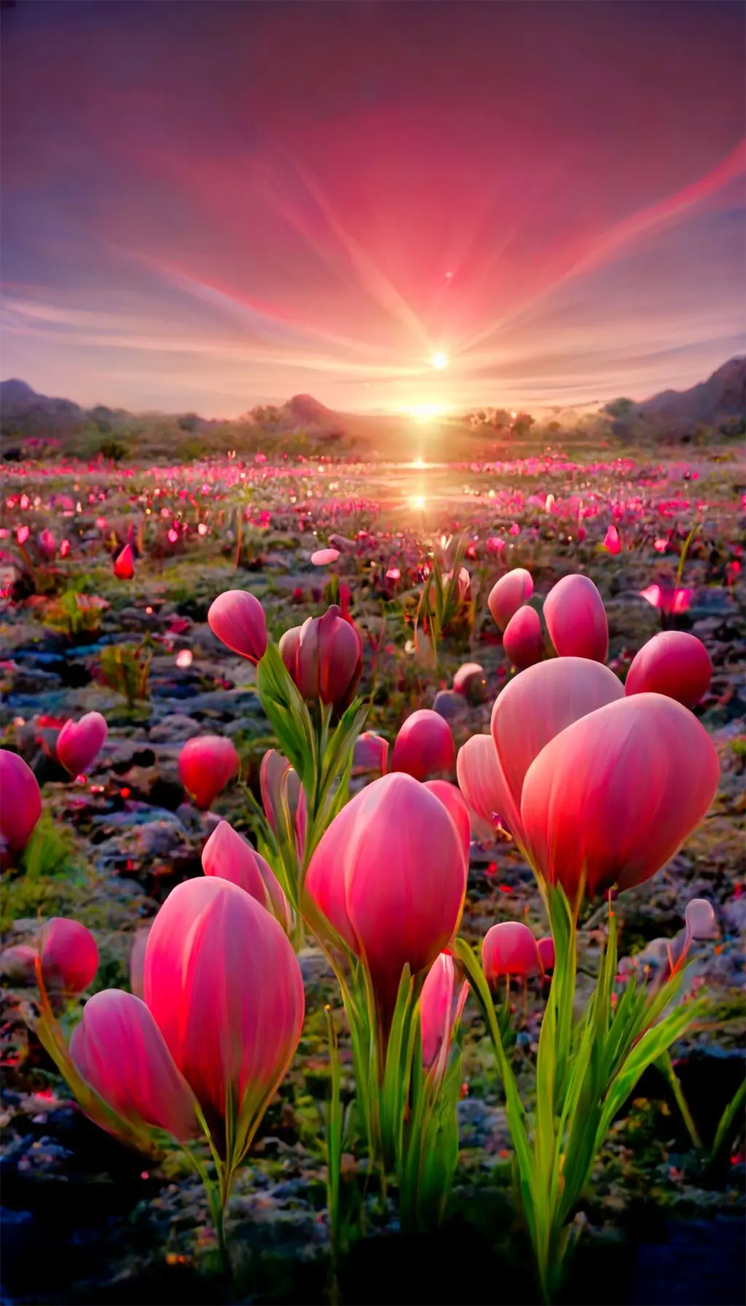 Pink tulips field at sunset with mountains HD Phone Wallpaper