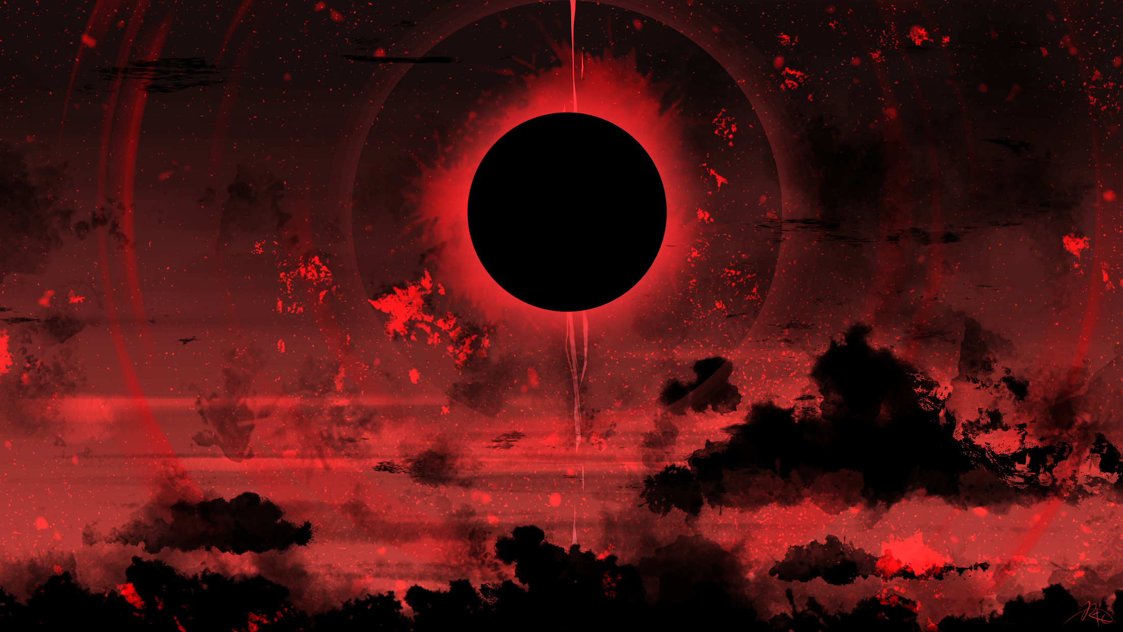 Red eclipse with dark clouds and rings HD Wallpaper