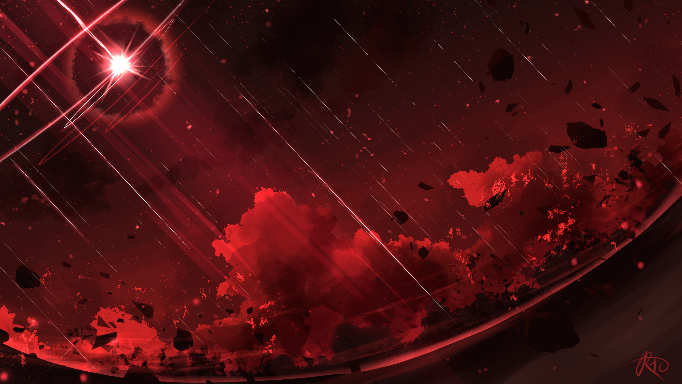 Red planet with clouds, rocks, and sunlight HD Wallpaper