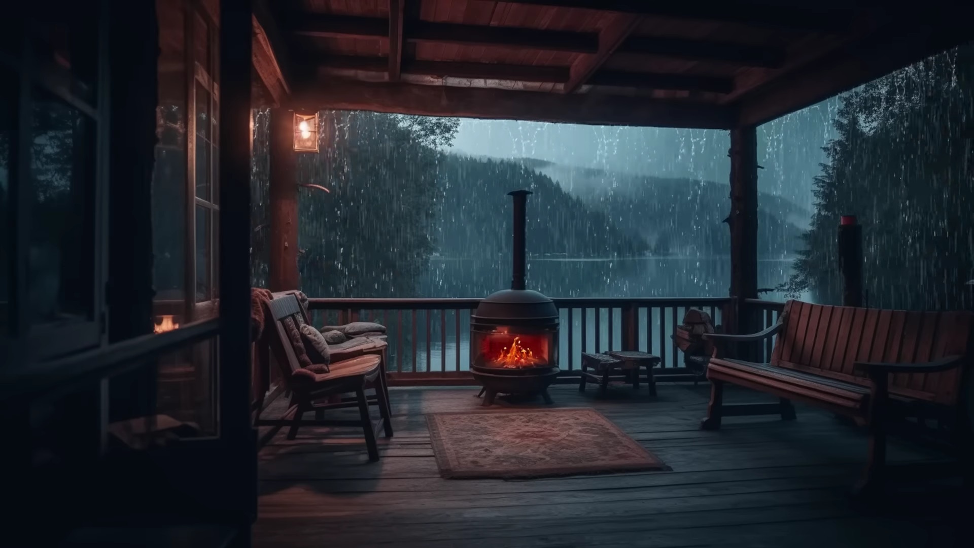 Porch with fireplace overlooking a lake in the rain HD Wallpaper