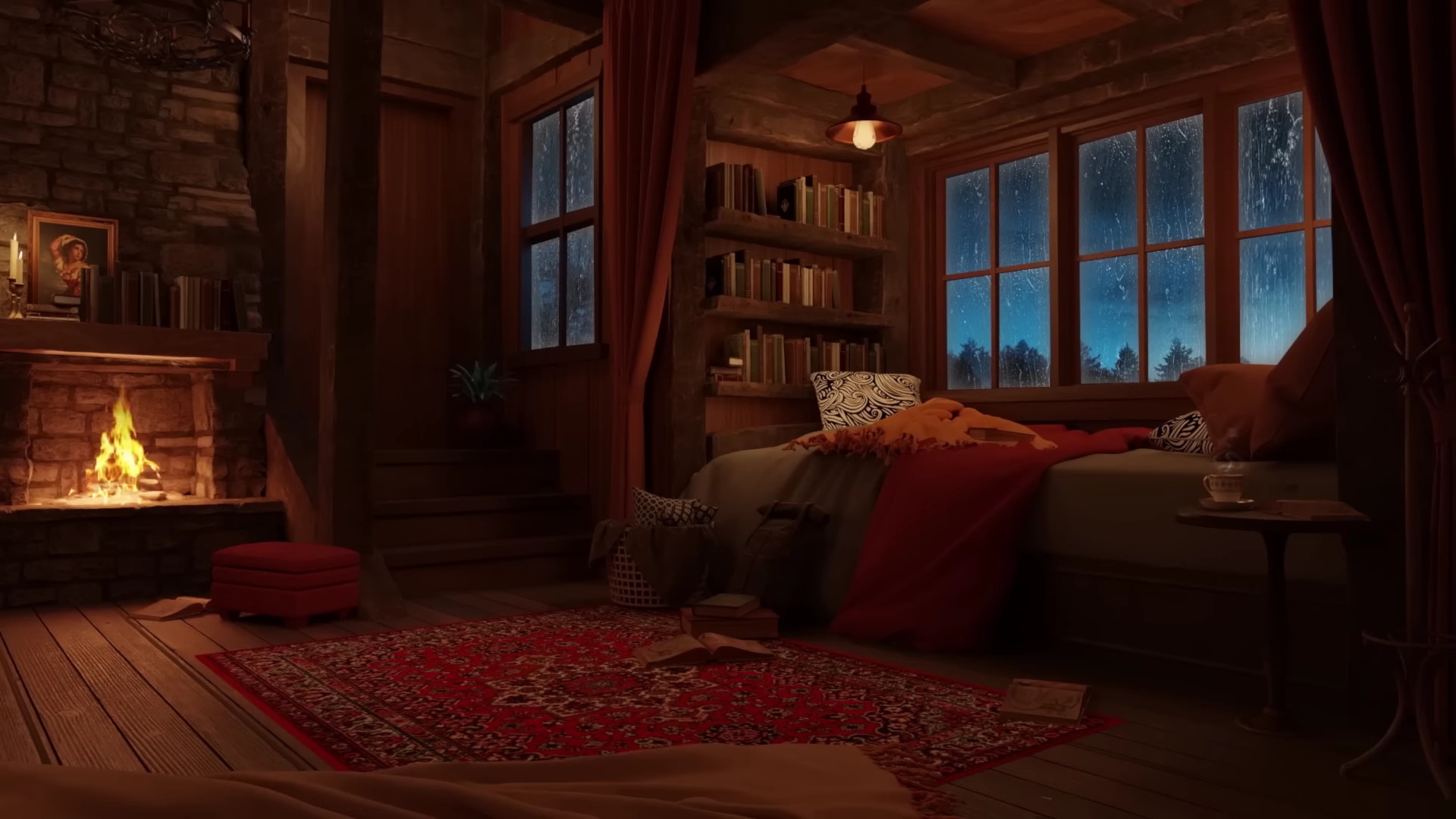 Cozy cabin interior with fireplace and rain outside HD Wallpaper
