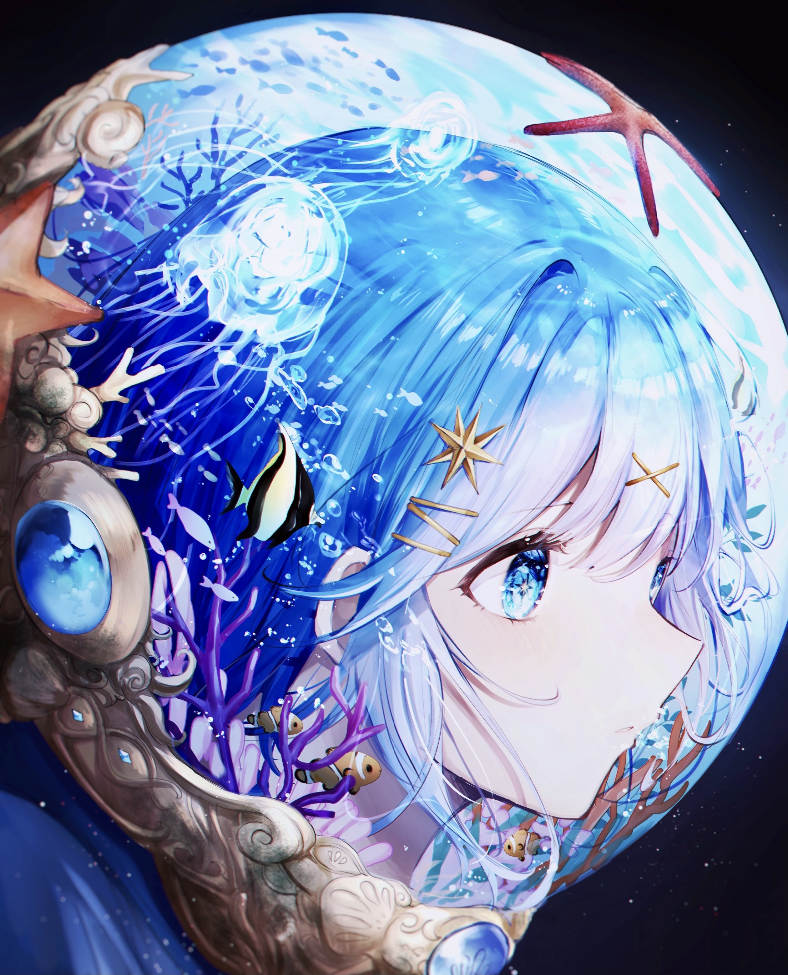 Anime girl with blue hair in a helmet with sea creatures HD Phone Wallpaper