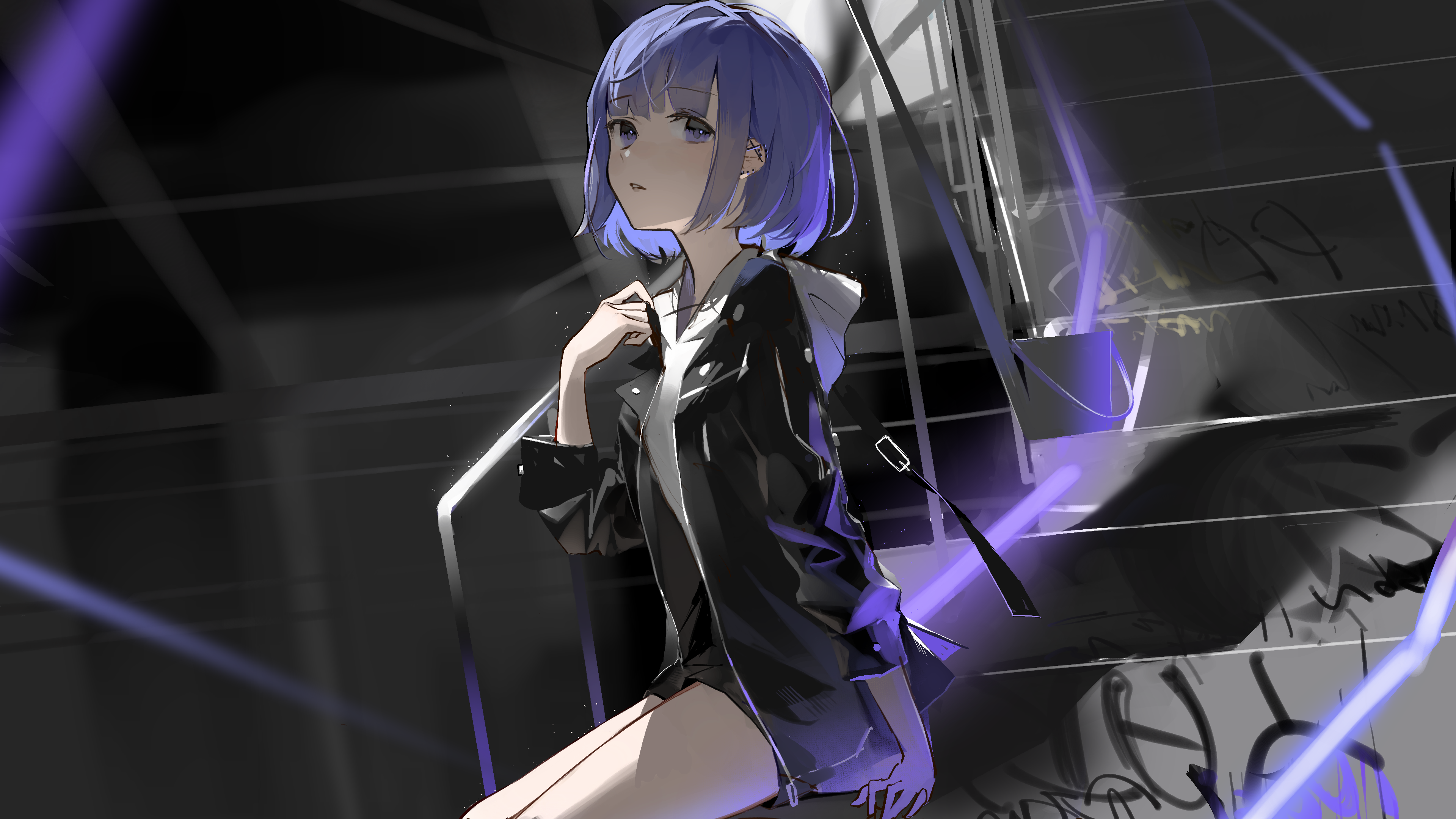 Girl with blue hair on stairs HD Wallpaper