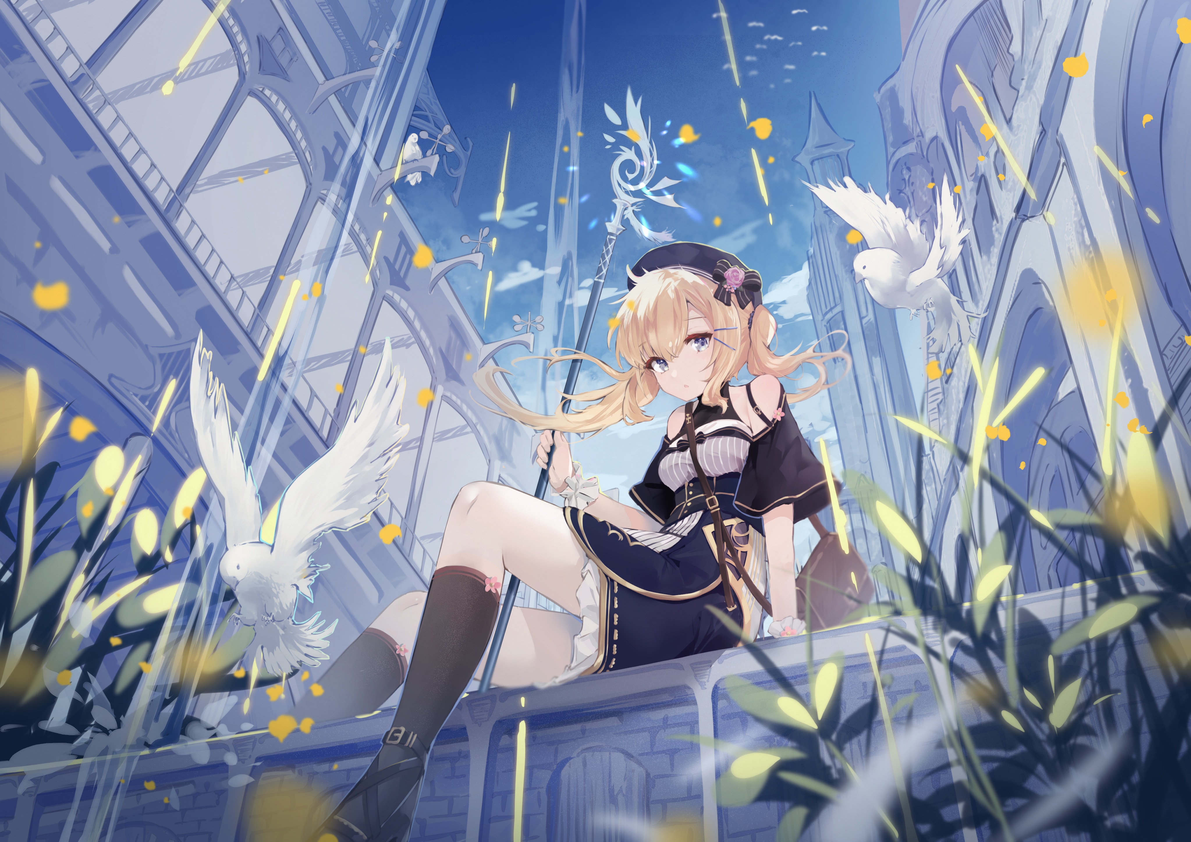 Anime girl with twintails and birds in a city HD Wallpaper