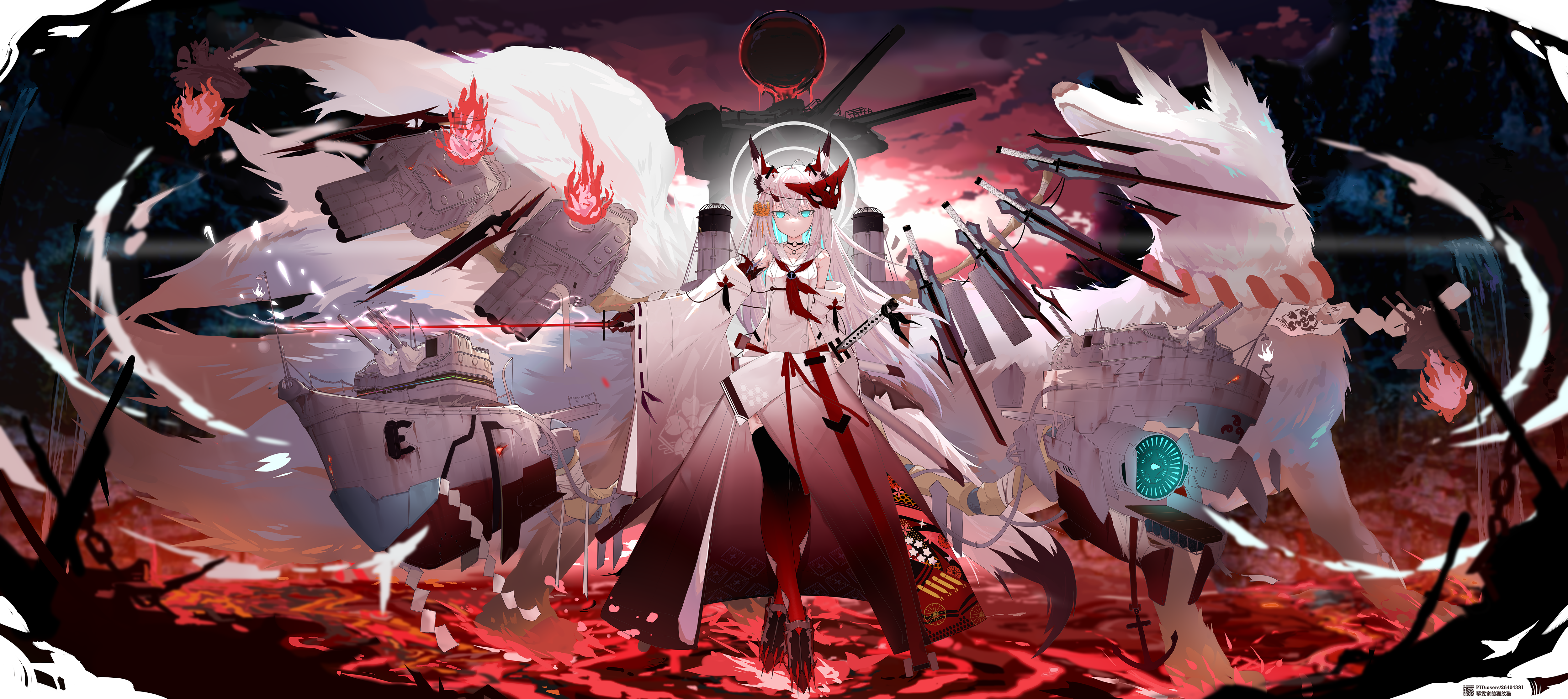 4K anime girl with fox ears and tails, ships, and swords HD Wallpaper