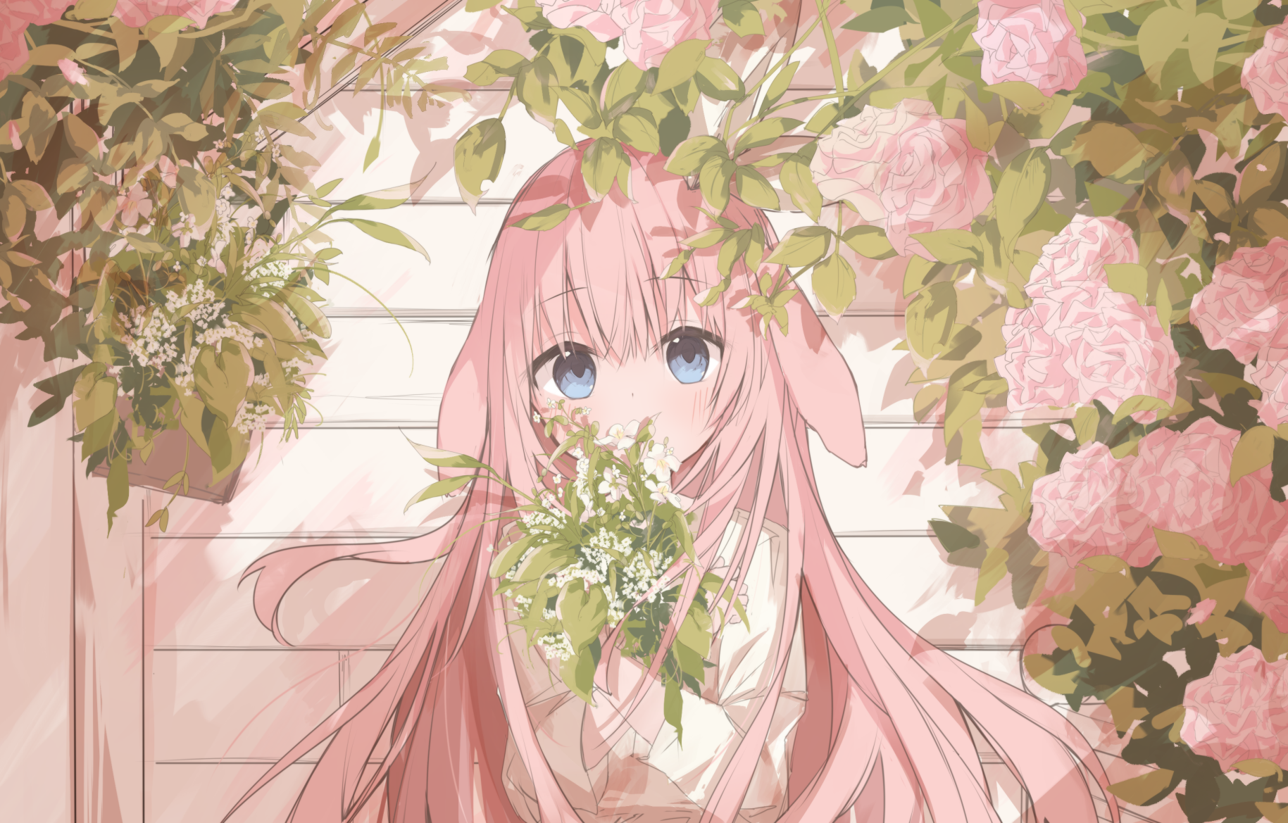 Anime girl with pink hair holding a bouquet of flowers HD Wallpaper