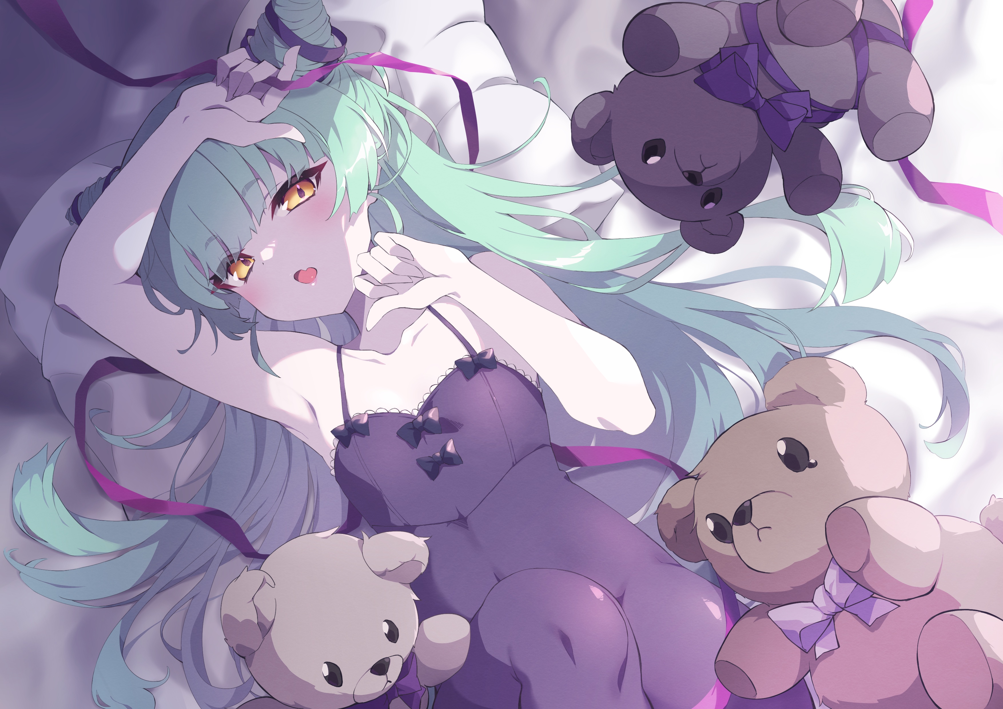 Anime girl with mint hair and teddy bears HD Wallpaper