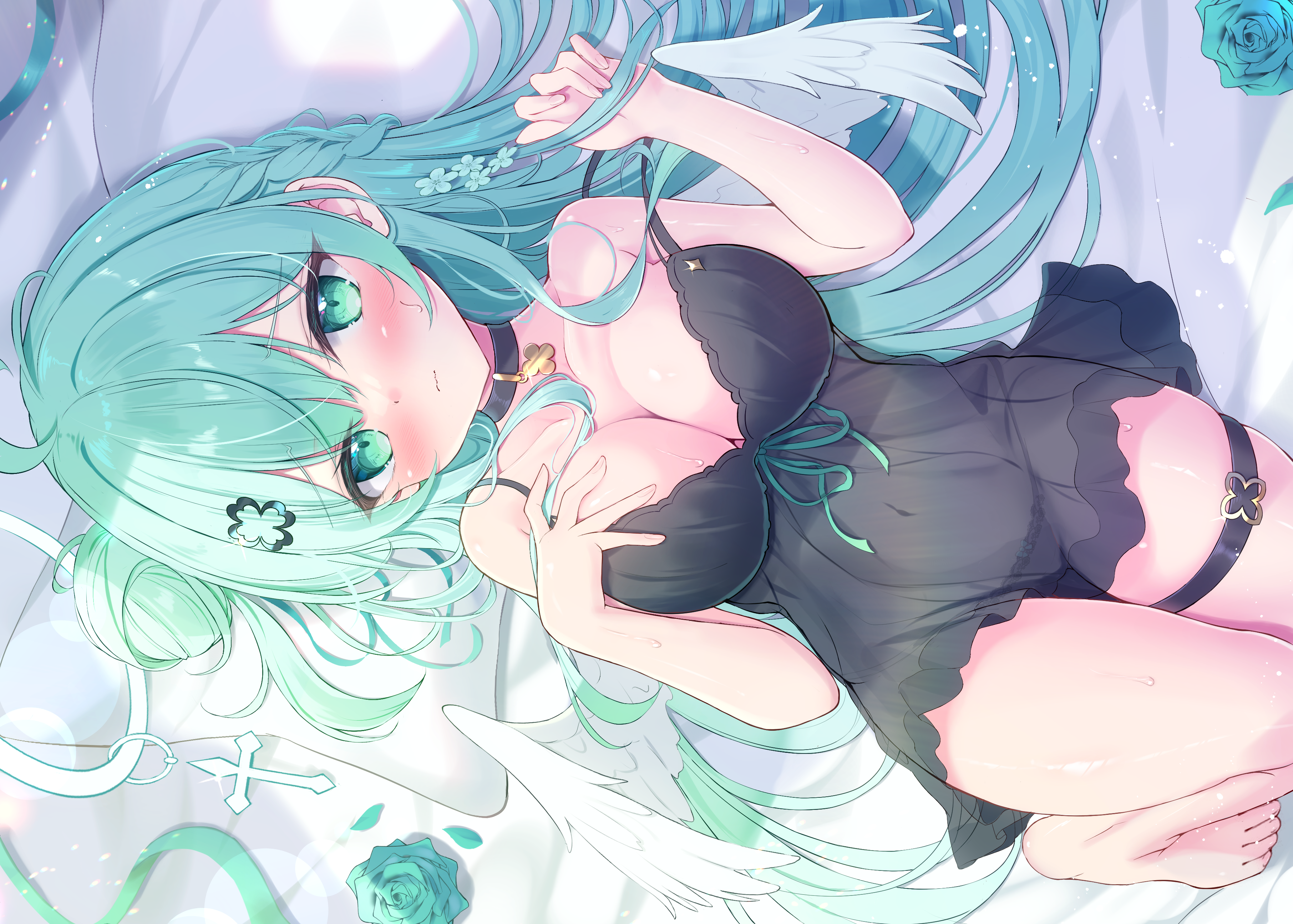 Anime girl with wings lying down in nightgown HD Wallpaper