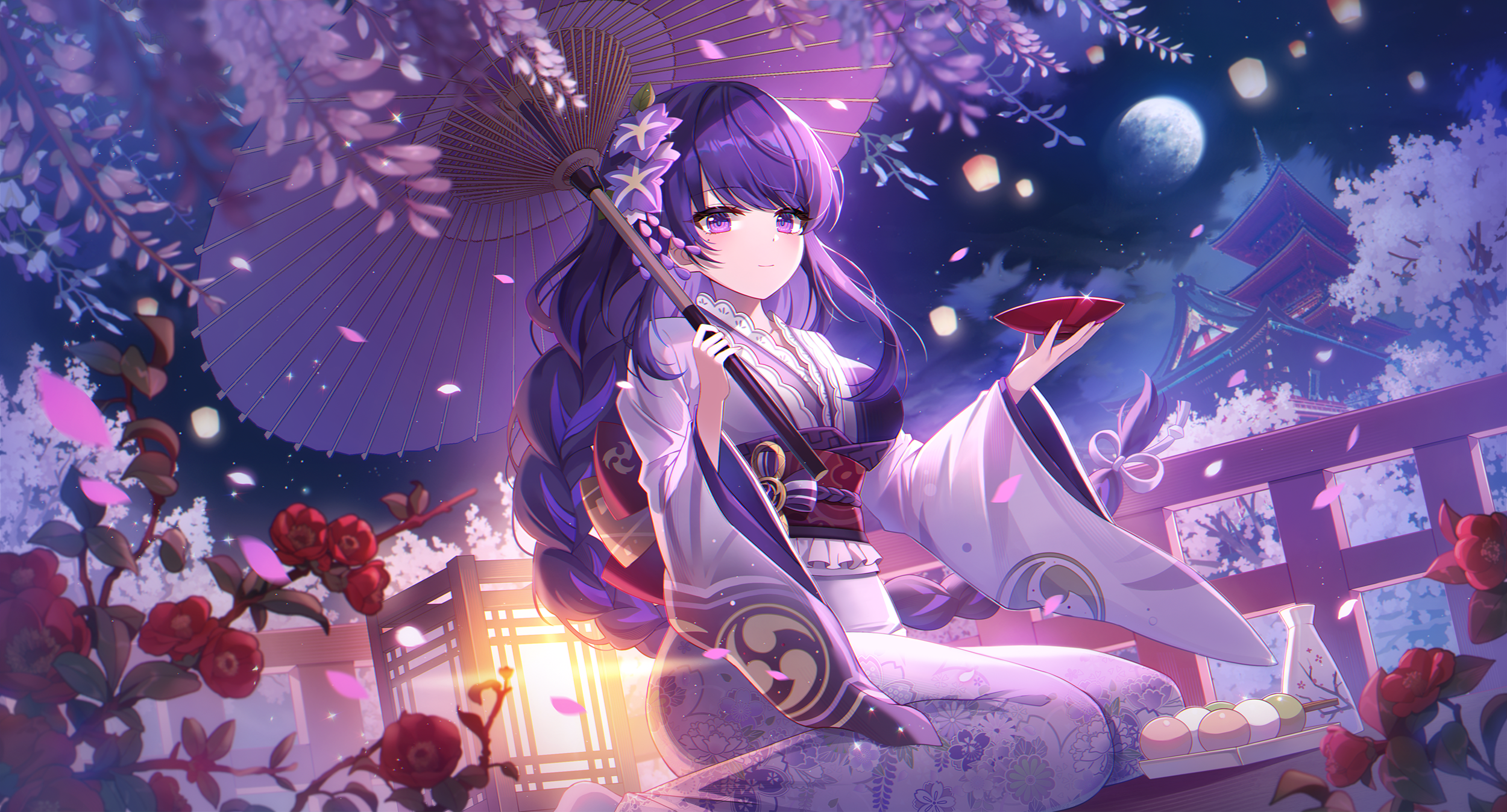 Raiden Shogun with umbrella under cherry blossoms at night HD Wallpaper