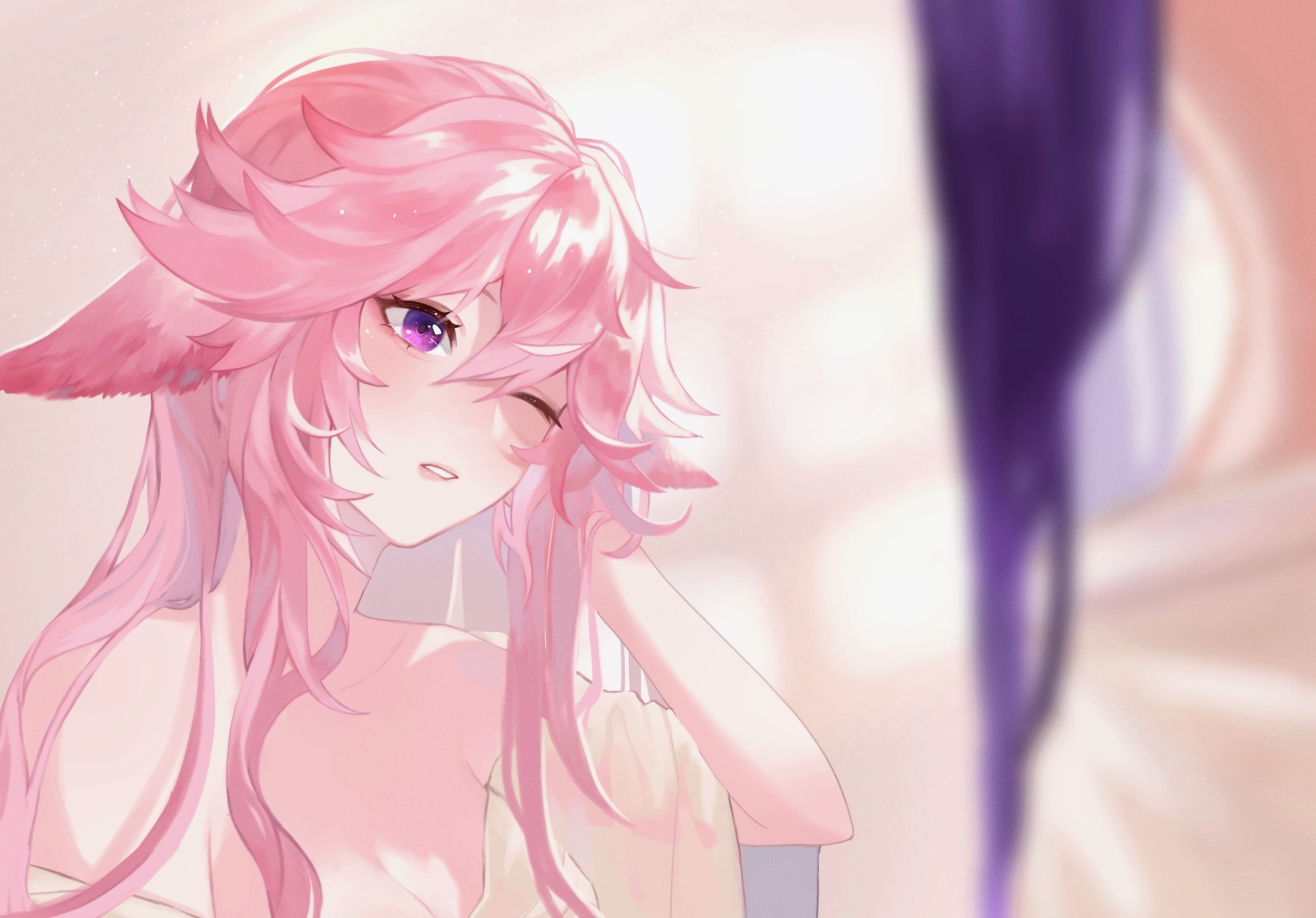 Yae Miko winks with pink hair and purple eyes HD Wallpaper