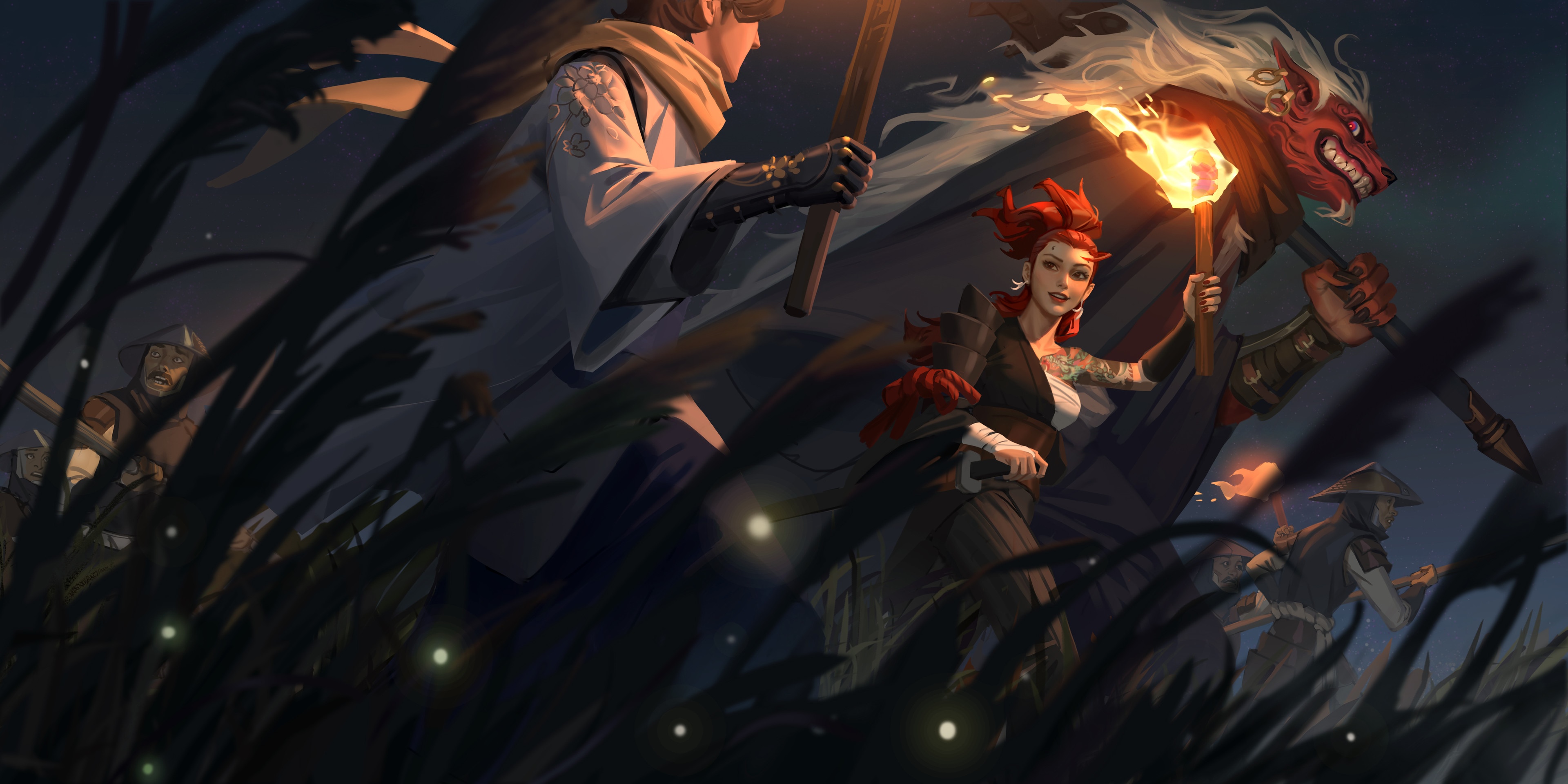 Hou China characters with torches in a field HD Wallpaper