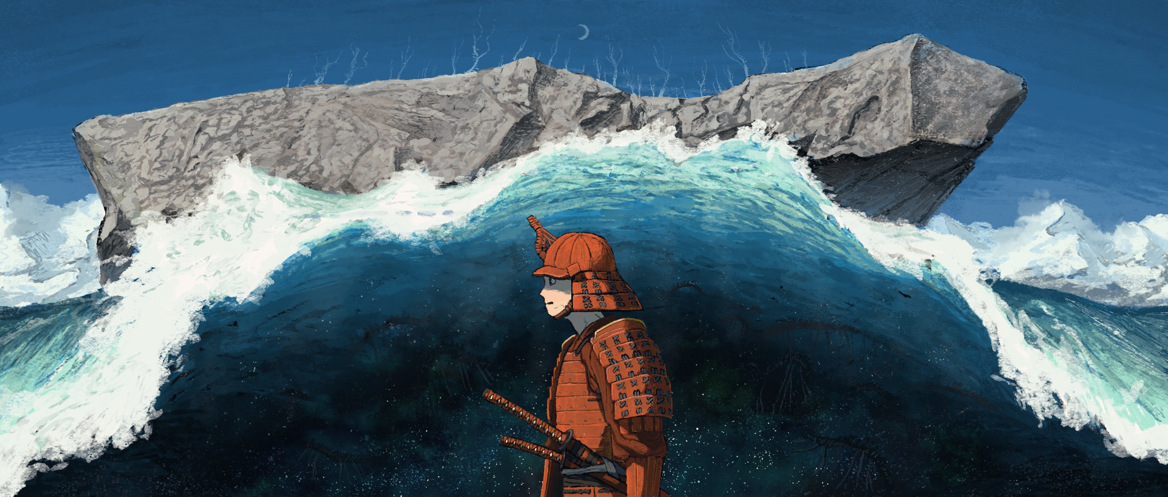Samurai in front of a large wave and rock HD Wallpaper