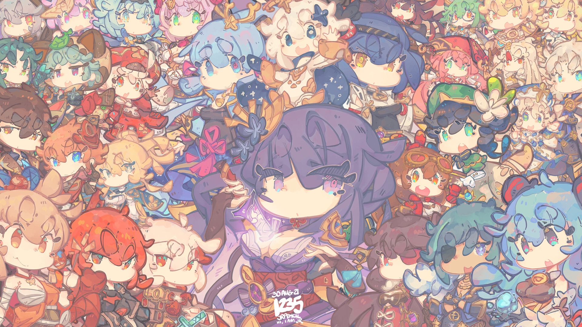 Genshin Impact characters drawn in chibi style HD Wallpaper