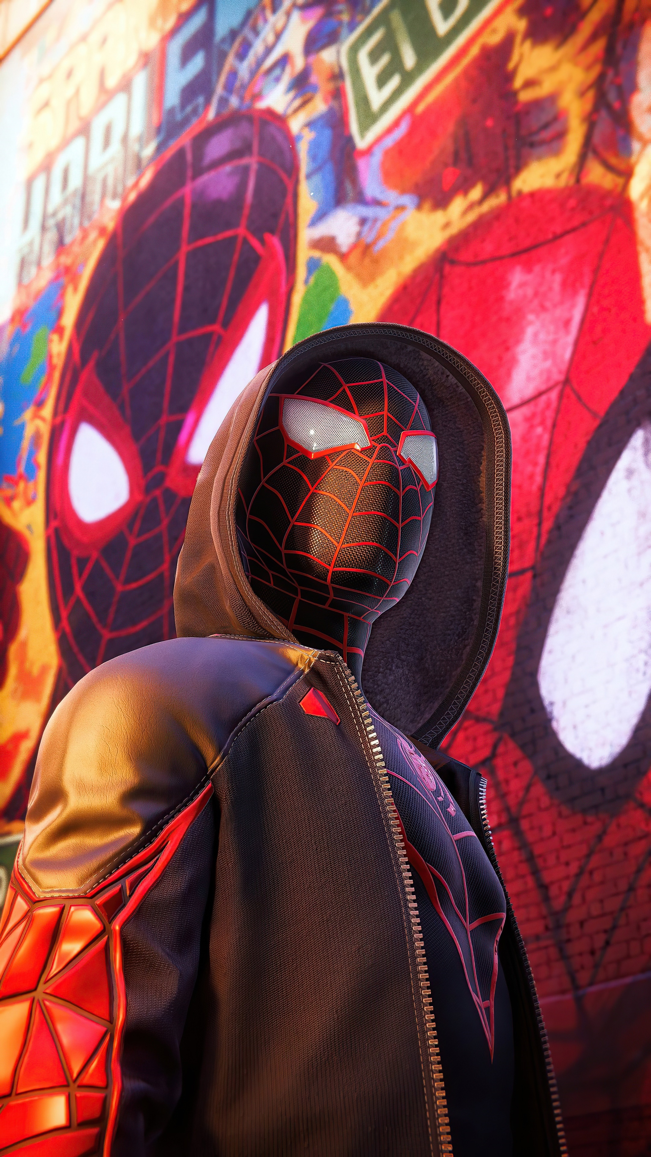 Miles Morales Spider-Man in front of graffiti HD Phone Wallpaper