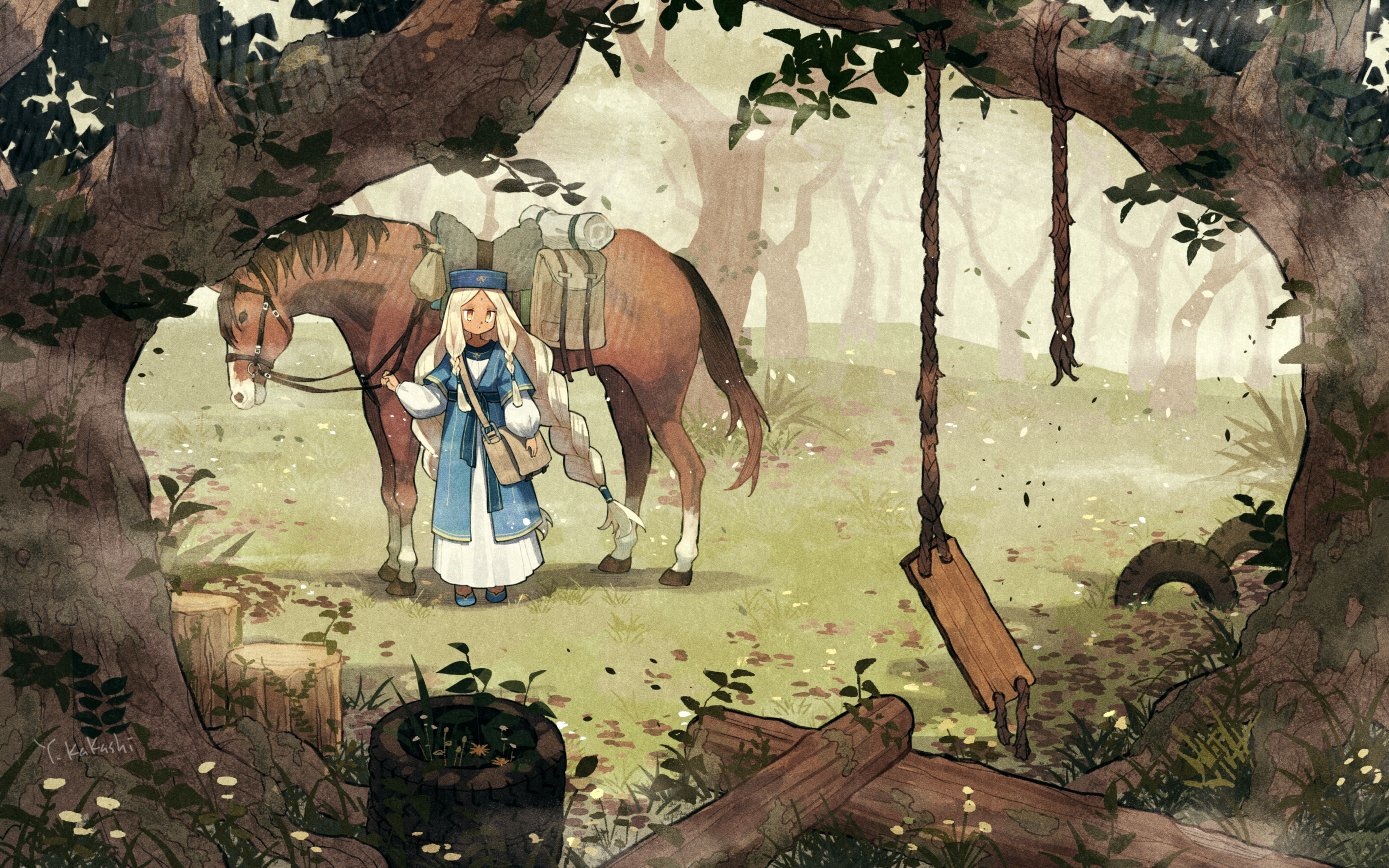 Girl with horse in a forest with a swing HD Wallpaper