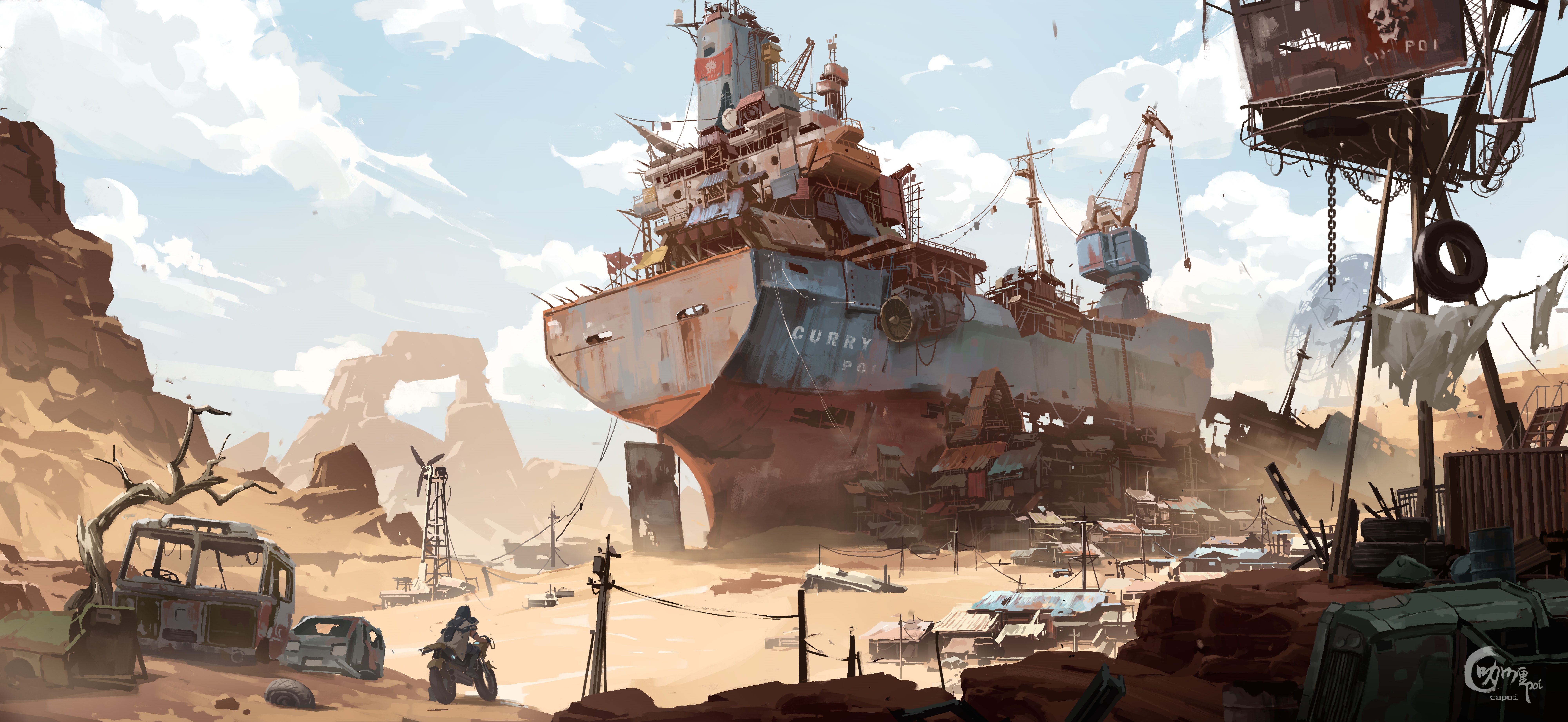 4K Desert Landscape with Shipwreck and Motorcycle HD Wallpaper