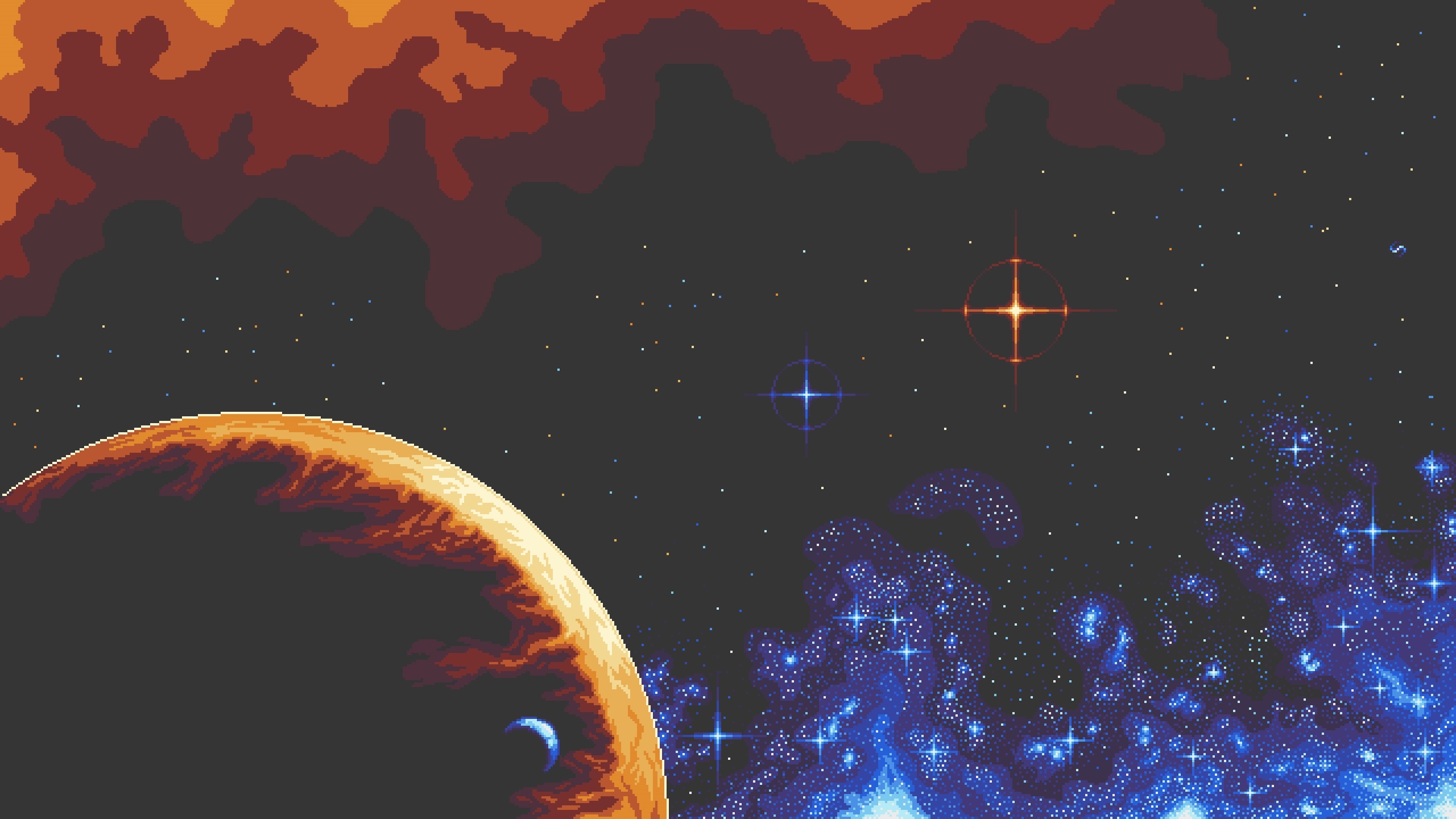 Pixel art space scene with planets and stars HD Wallpaper