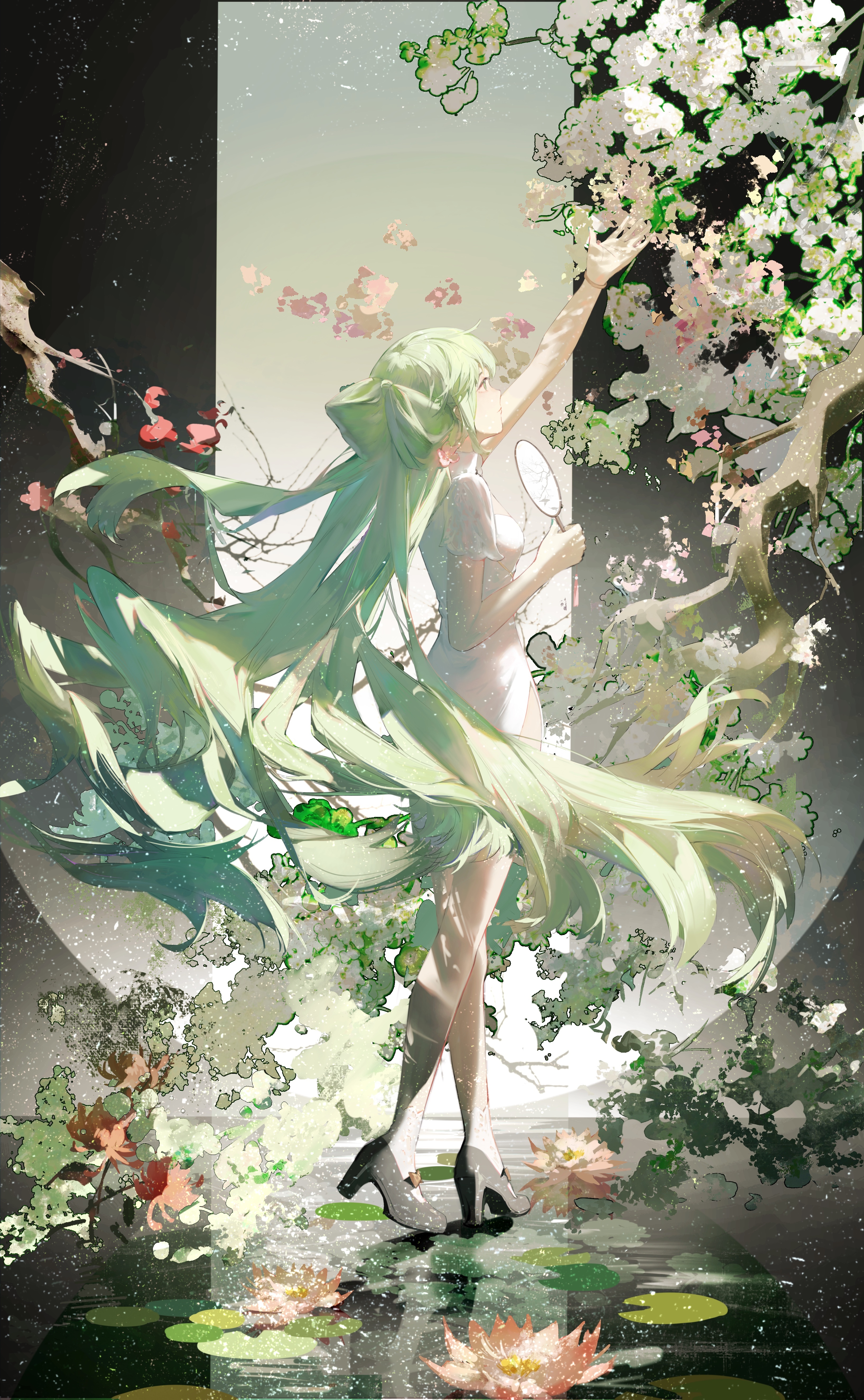 Hatsune Miku reaching for cherry blossoms by water lilies HD Phone Wallpaper