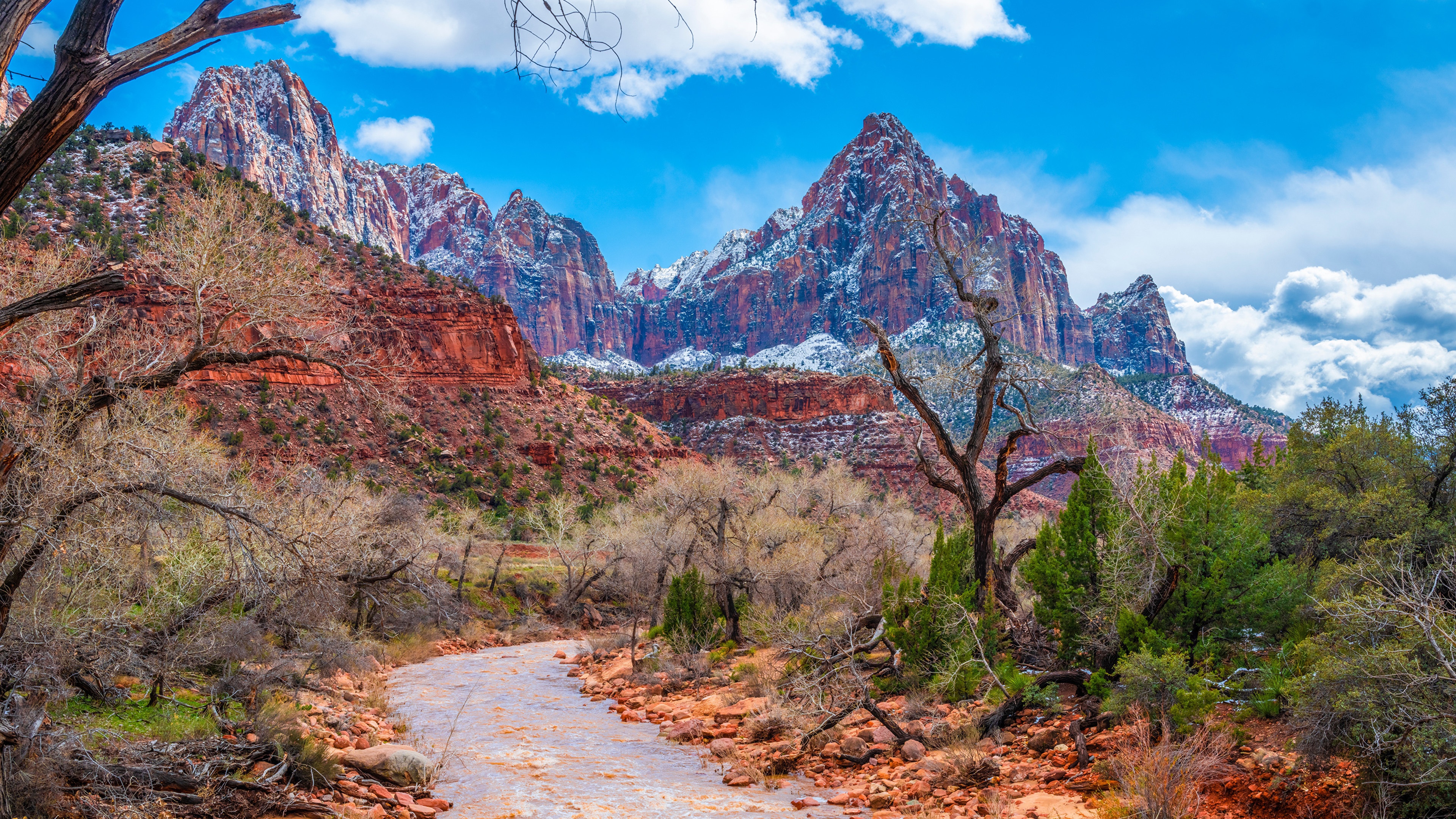 Zion National Park with snow-capped mountains and river HD Wallpaper