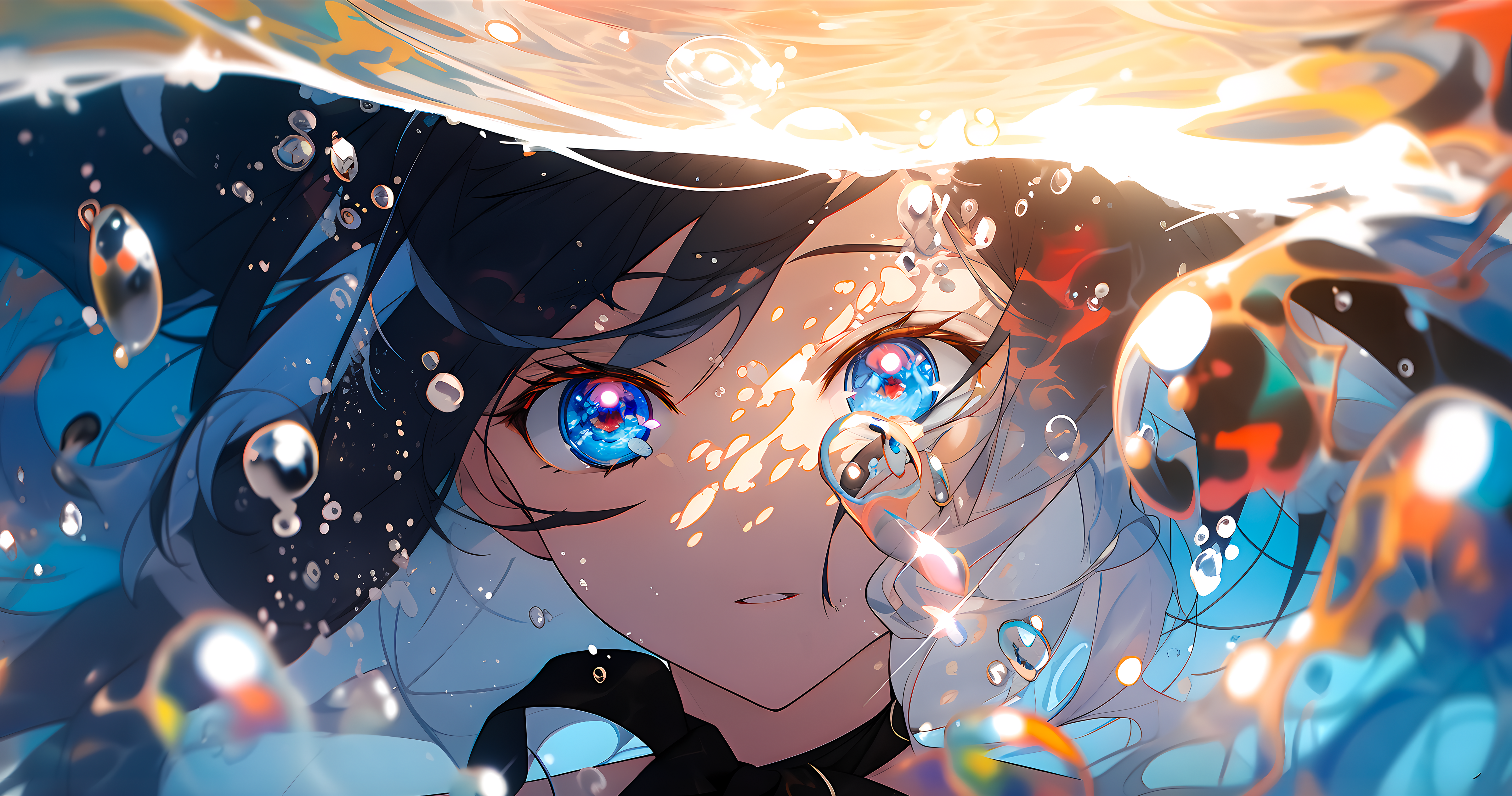 4K underwater anime girl with blue eyes and bubbles HD Wallpaper