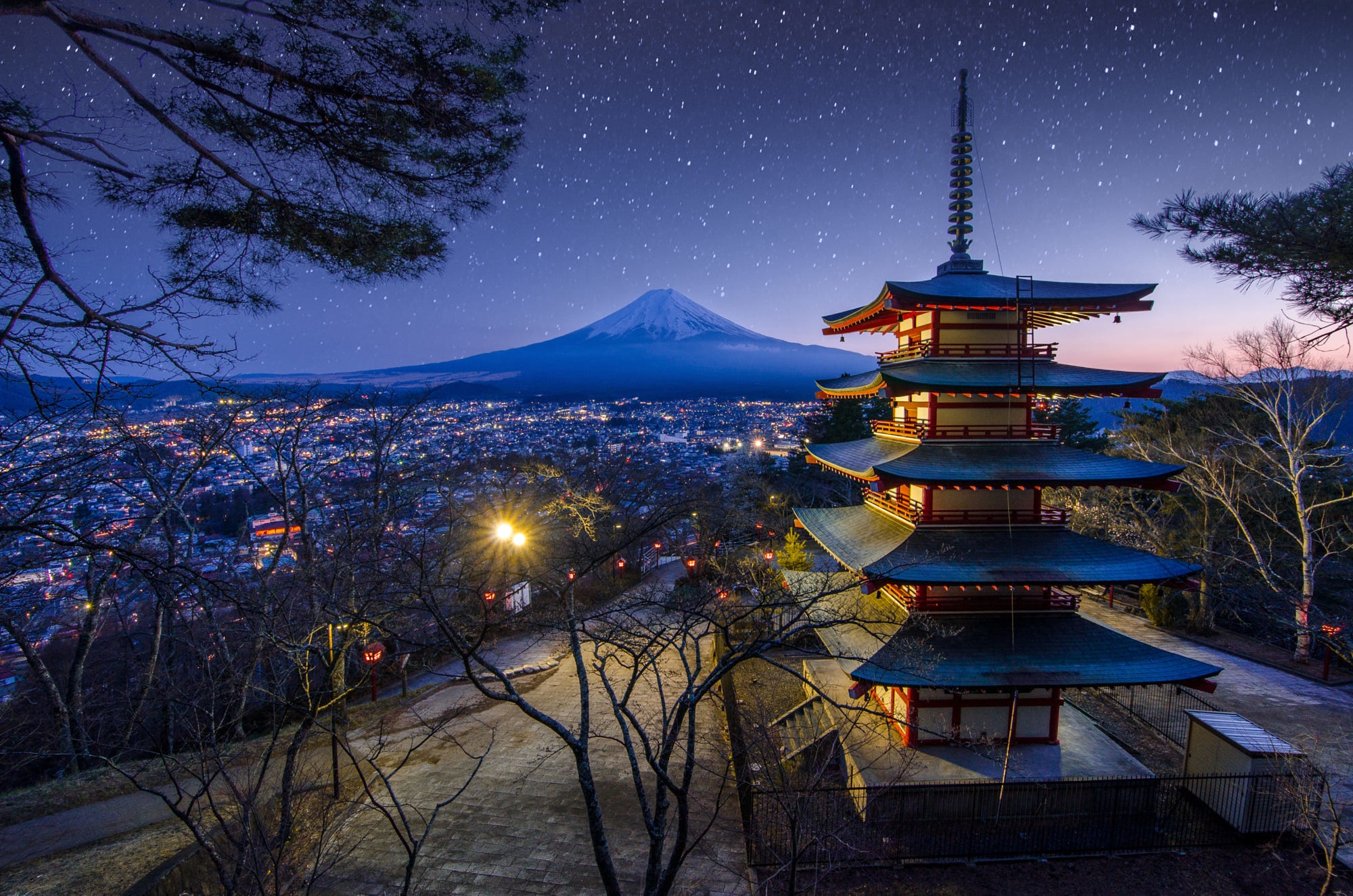 Mount Fuji and Chureito Pagoda under the stars HD Wallpaper