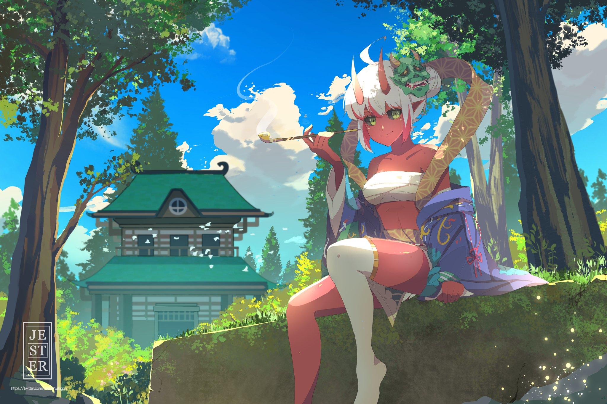 Red-skinned Oni girl with horns smoking a pipe HD Wallpaper
