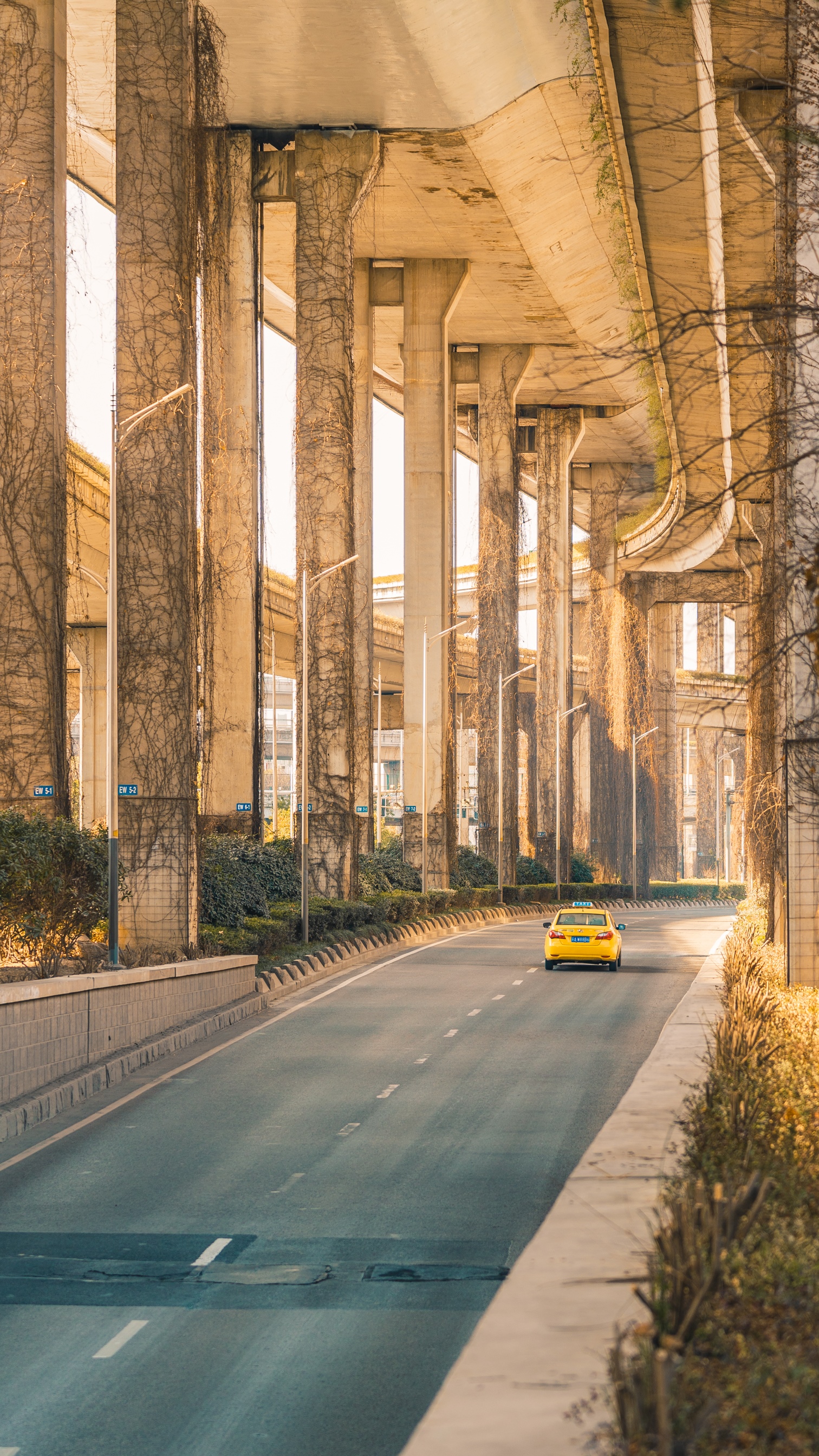 Yellow taxi drives under concrete overpasses in China HD Phone Wallpaper