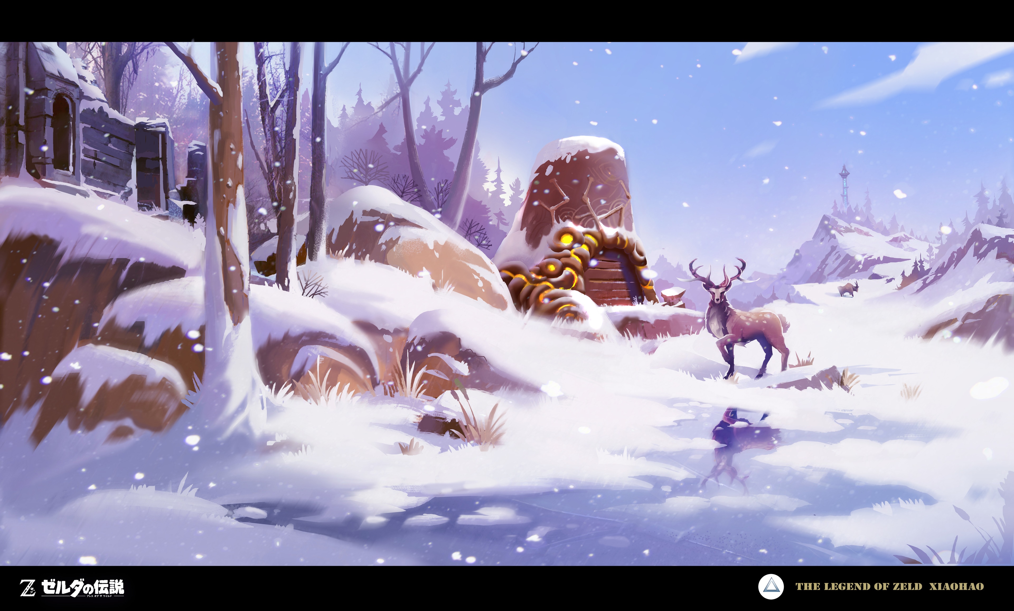 4K Winter Scene with Deer and Ruins HD Wallpaper