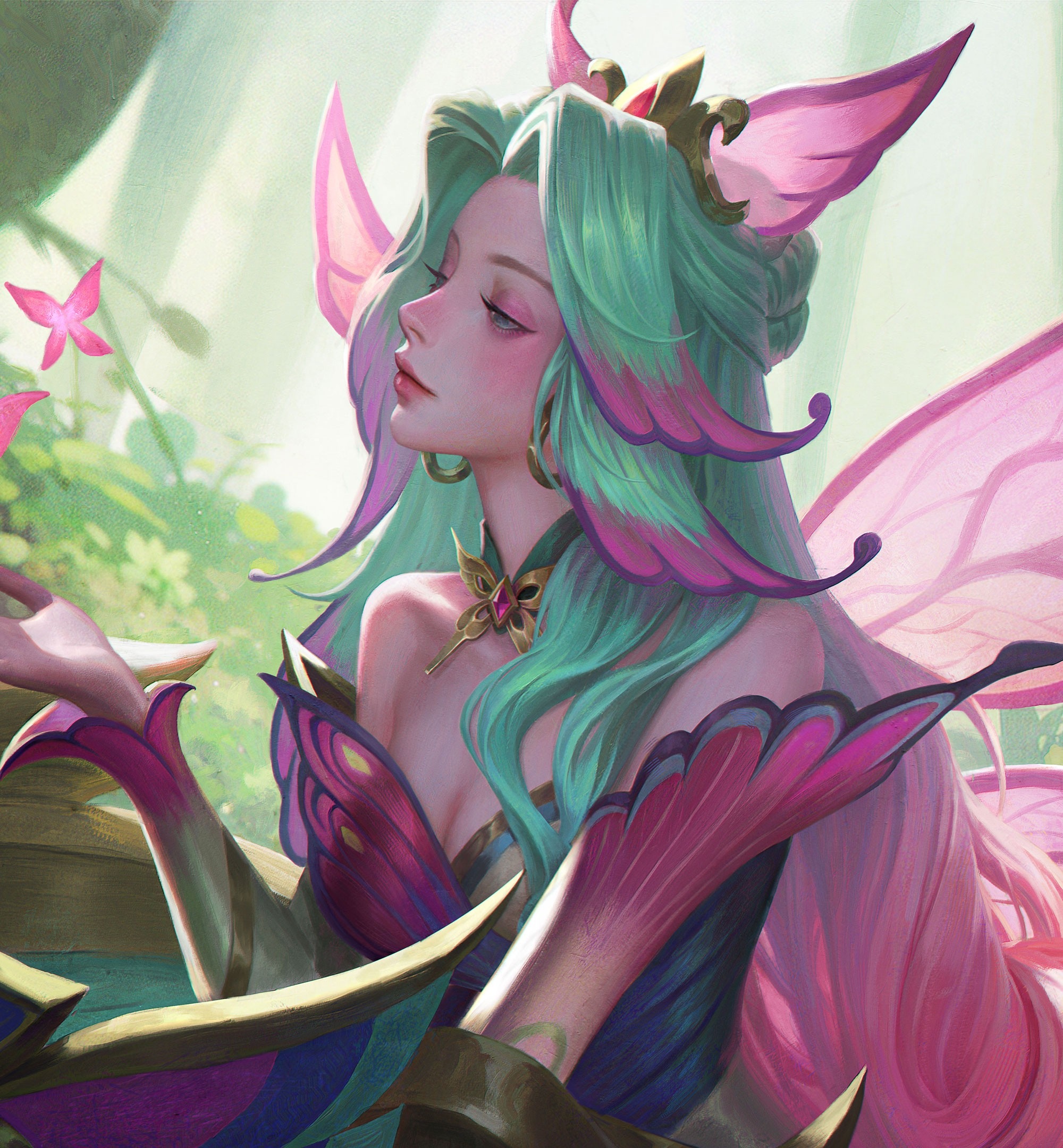 Seraphine with butterfly wings in a forest HD Wallpaper