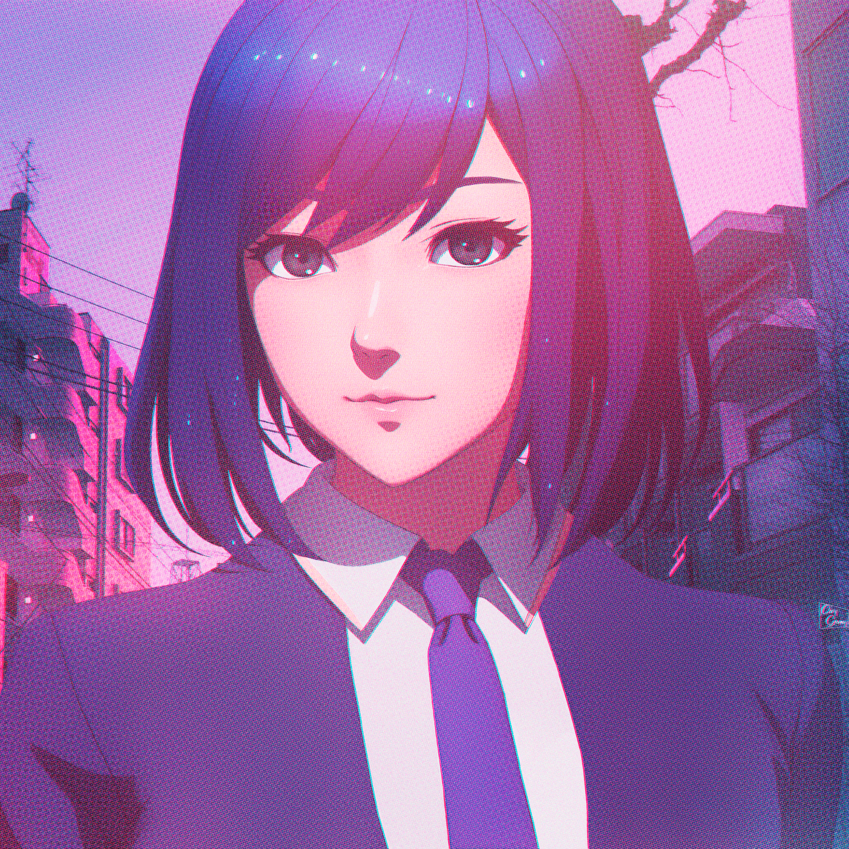 Anime girl in a suit and tie in a city HD Wallpaper