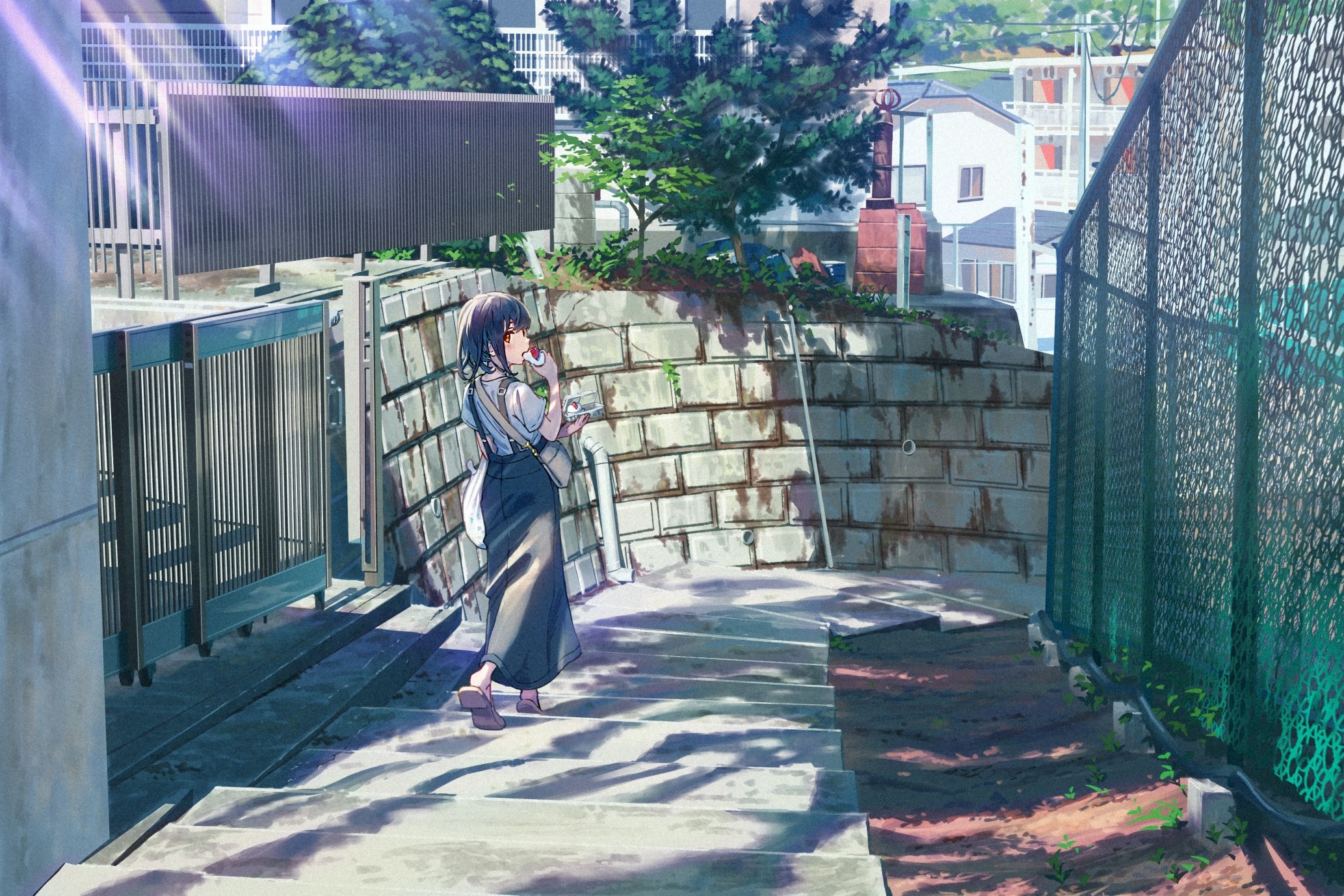 Girl eating on steps in Japan HD Wallpaper