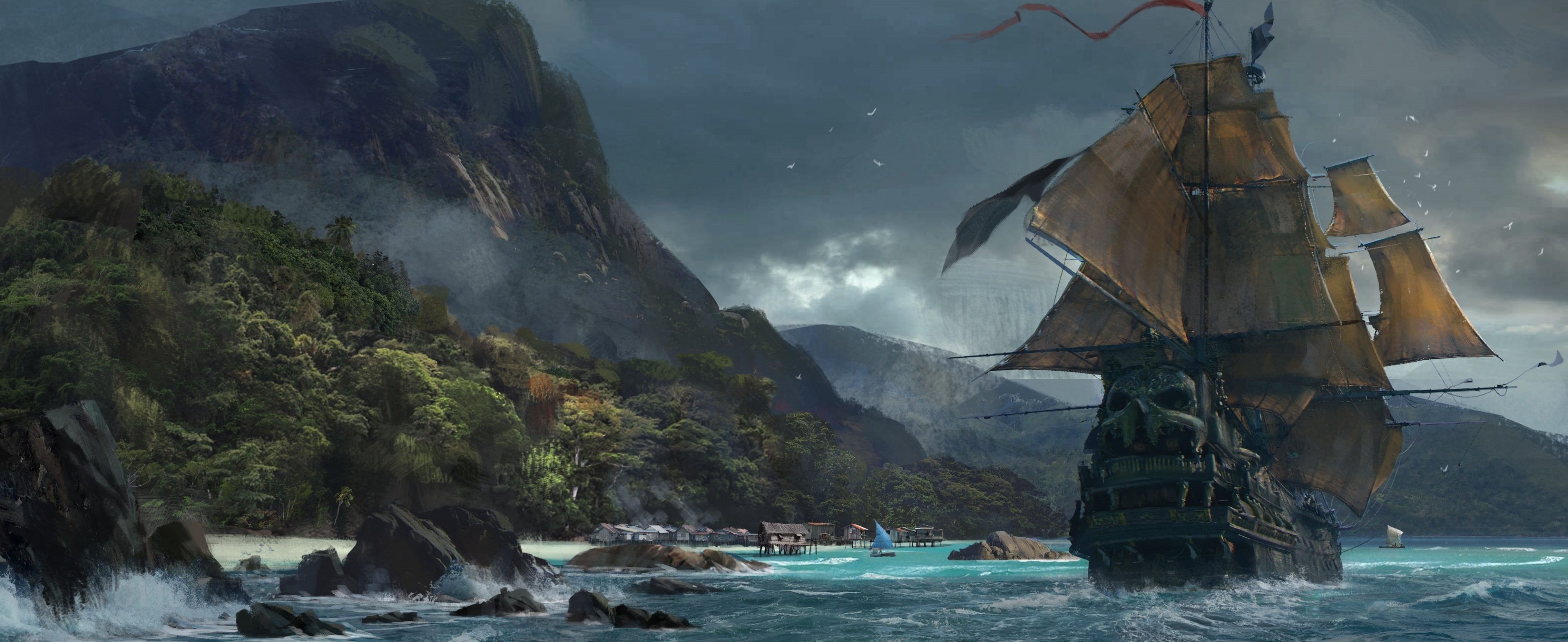Pirate ship sailing near a tropical island with mountains HD Wallpaper