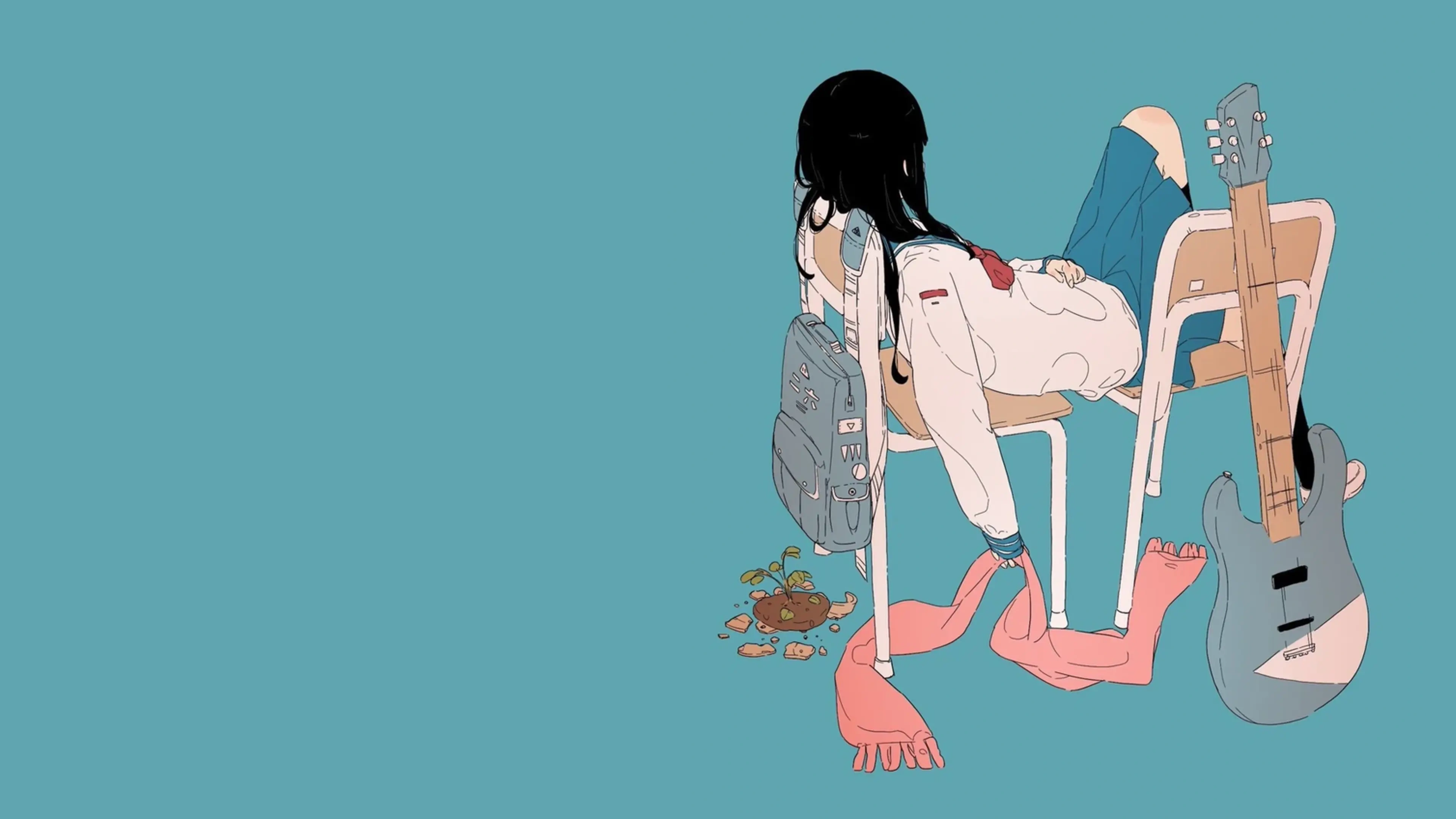 4K Schoolgirl with Guitar and Backpack HD Wallpaper