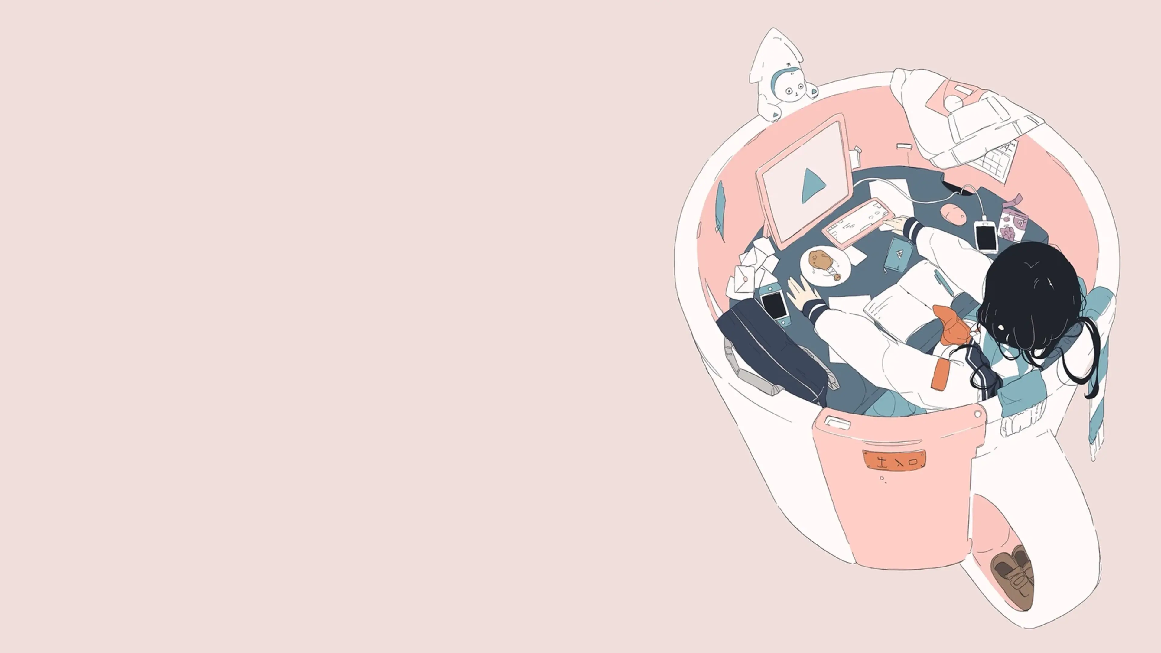 Girl studying in a giant cup with a computer HD Wallpaper