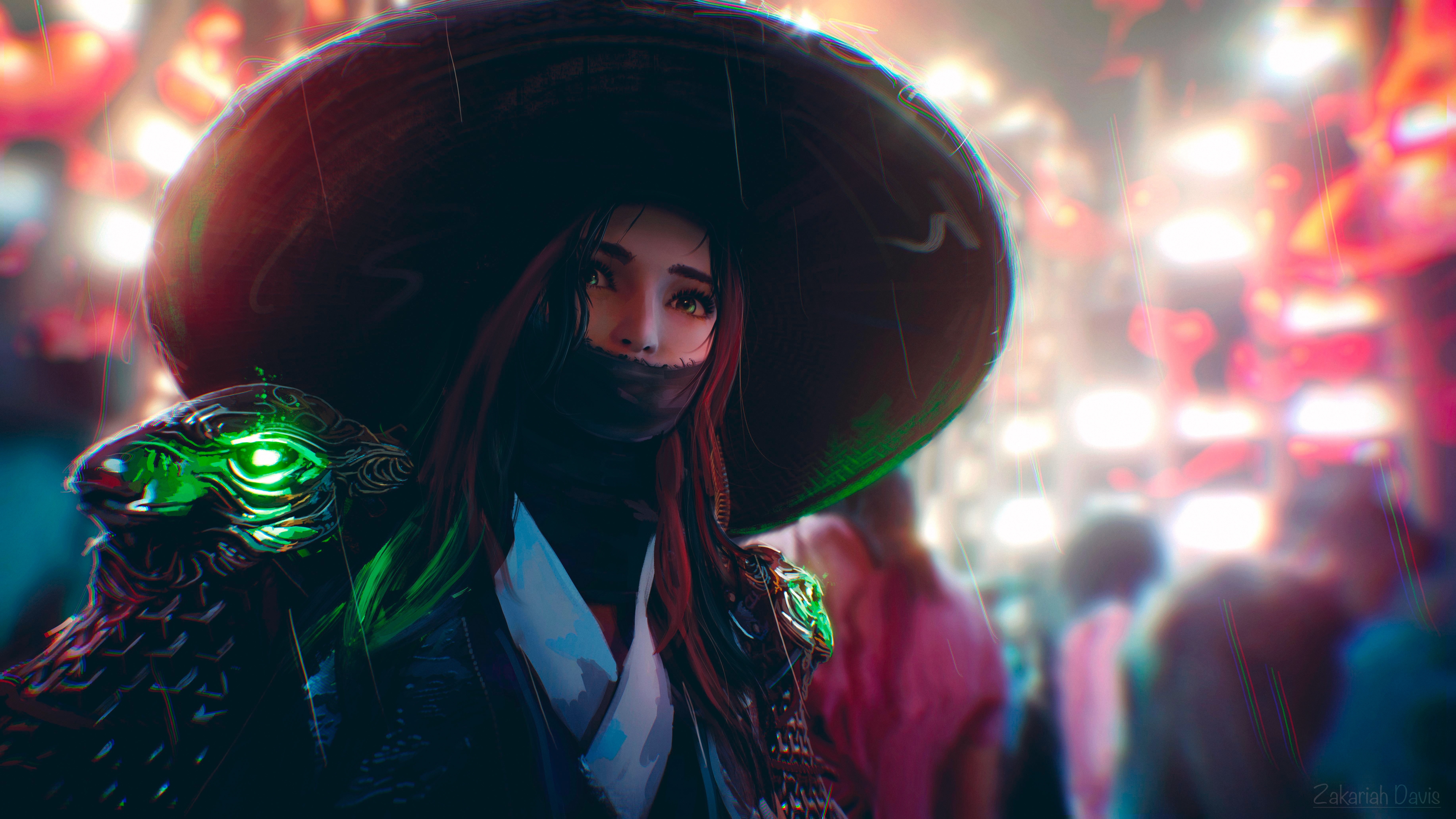 Fantasy girl in a hat with glowing armor in the rain HD Wallpaper