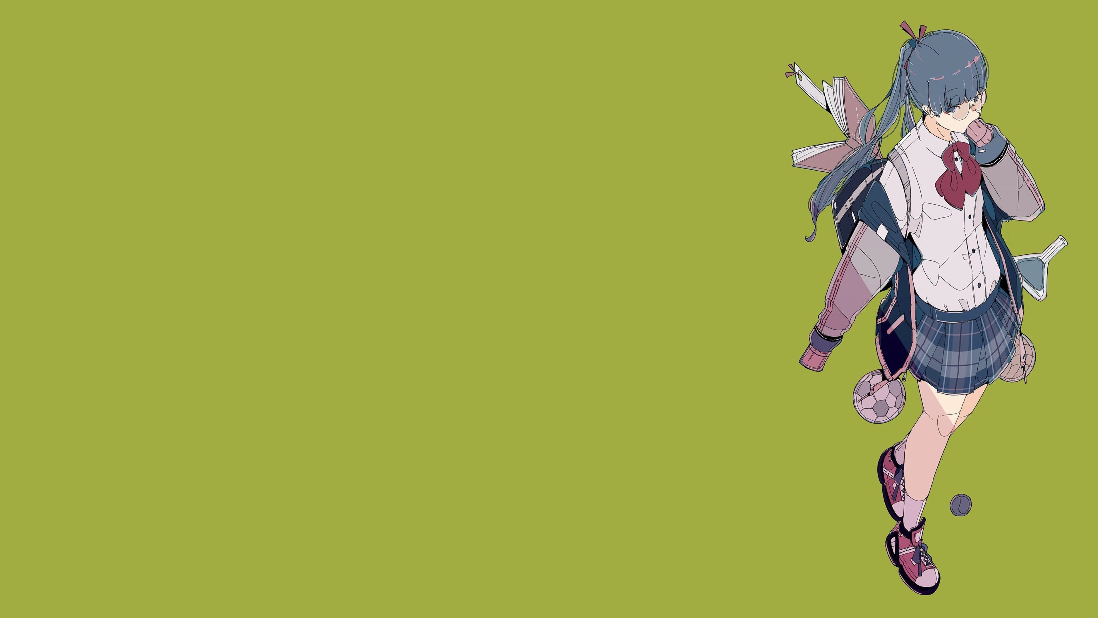 4K anime girl with glasses and backpack on green background HD Wallpaper