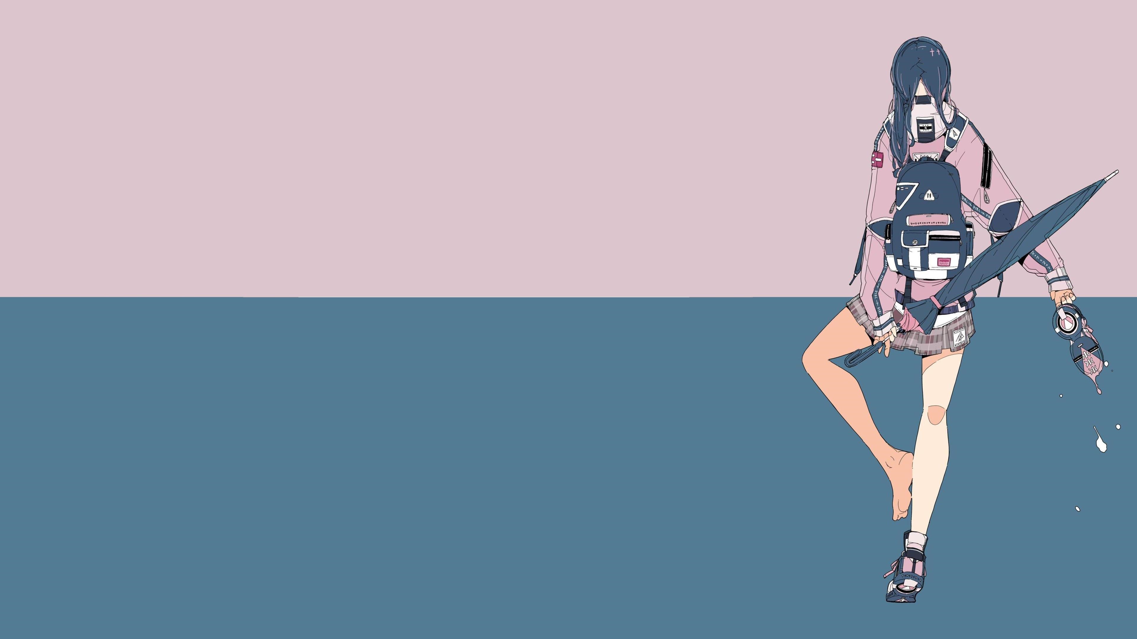 4K illustration of a girl with a backpack and umbrella HD Wallpaper