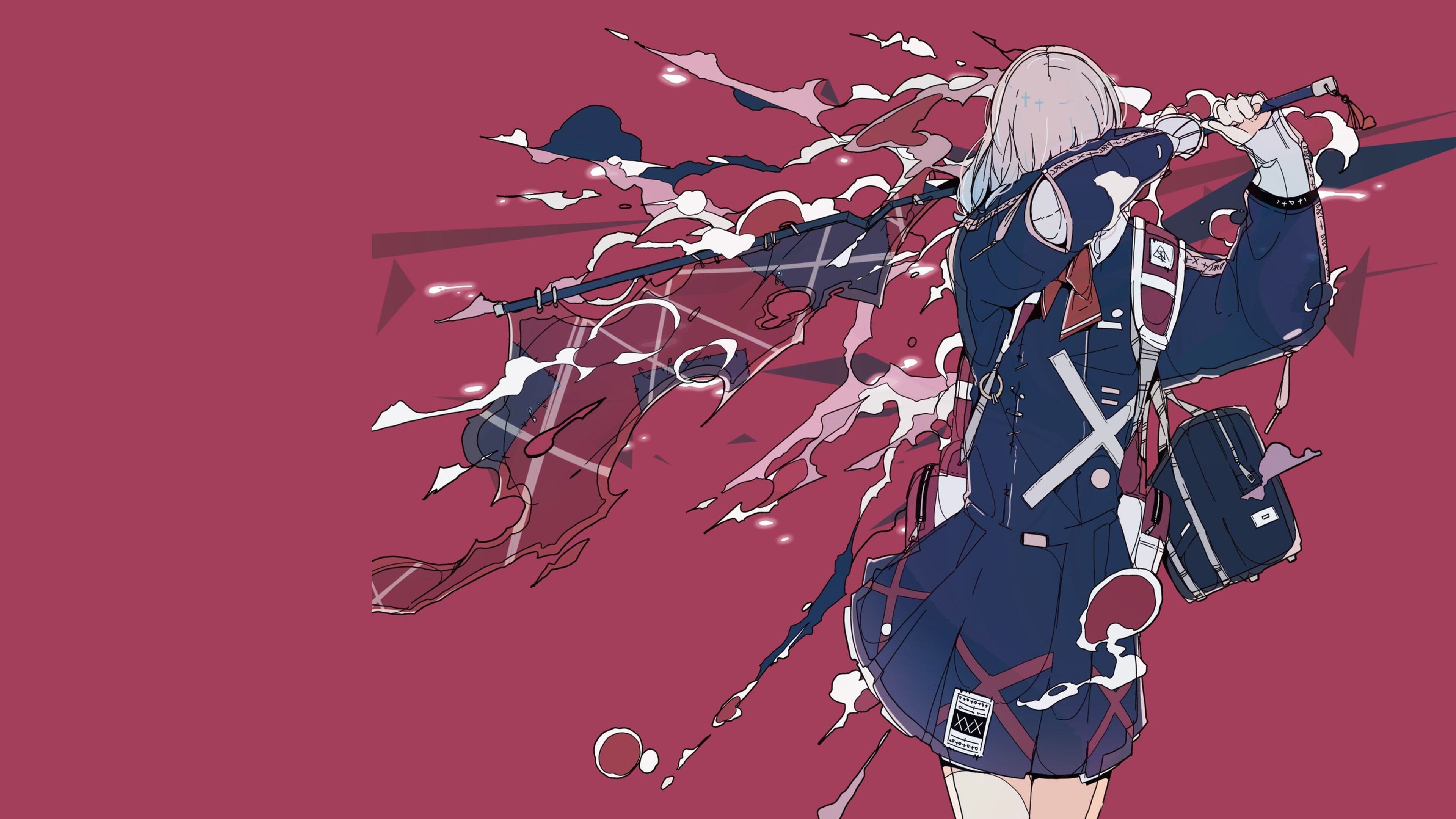 4K anime girl with a polearm on red background HD Wallpaper