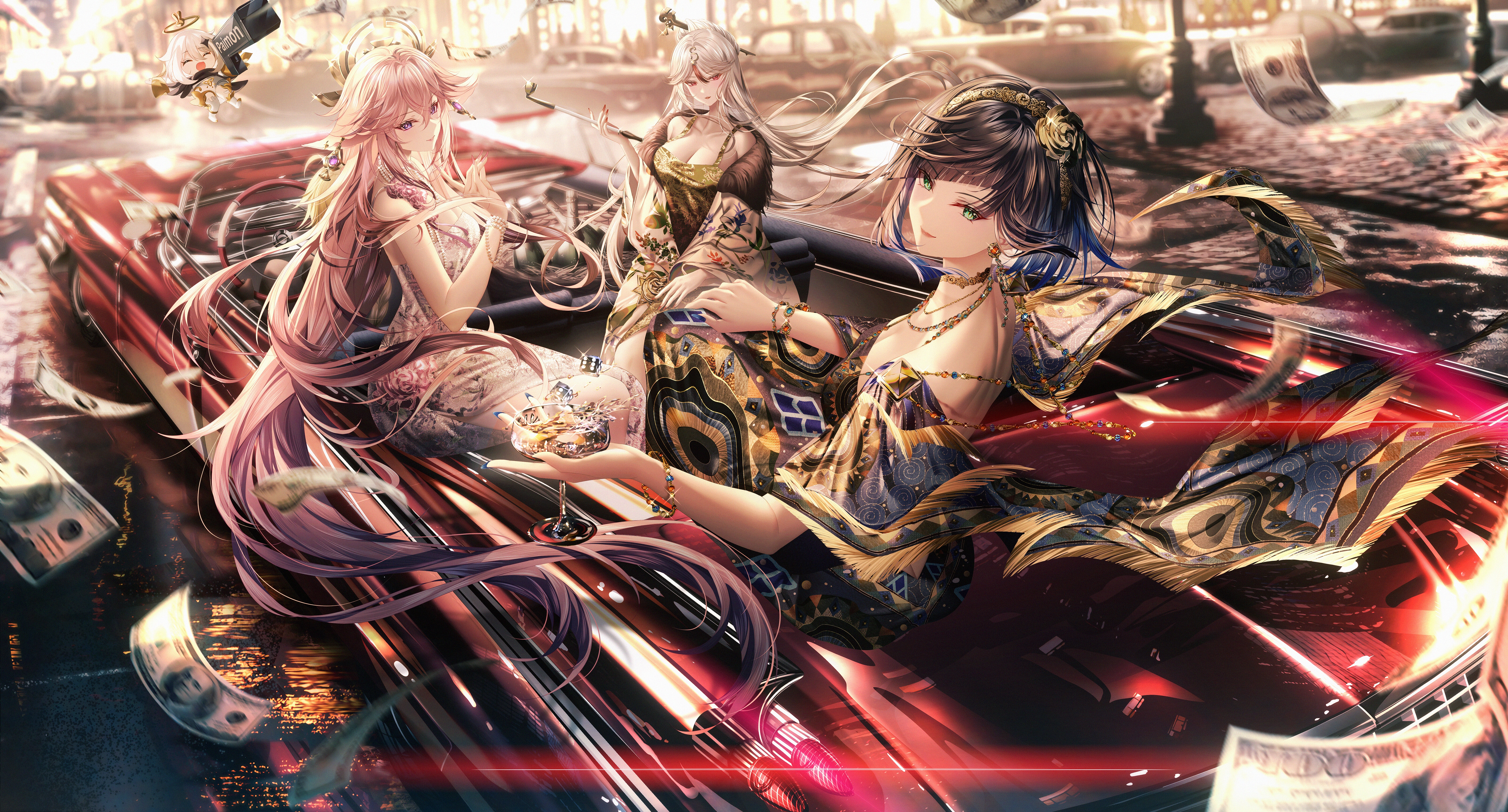 Genshin Impact: Yae Miko, Ningguang, and Yelan in a car with money HD Wallpaper